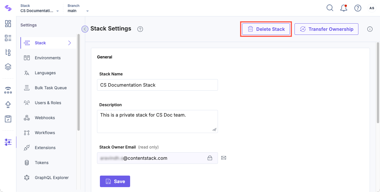 Stack Settings page showing the Delete Stack option