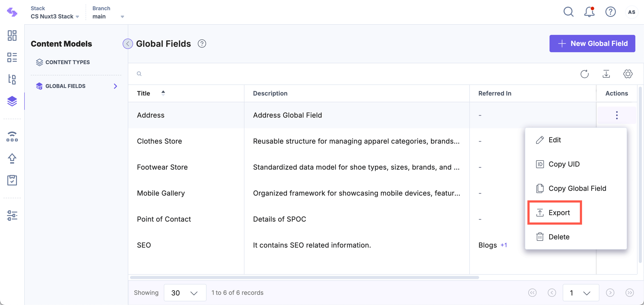 Export a Global Field | Contentstack