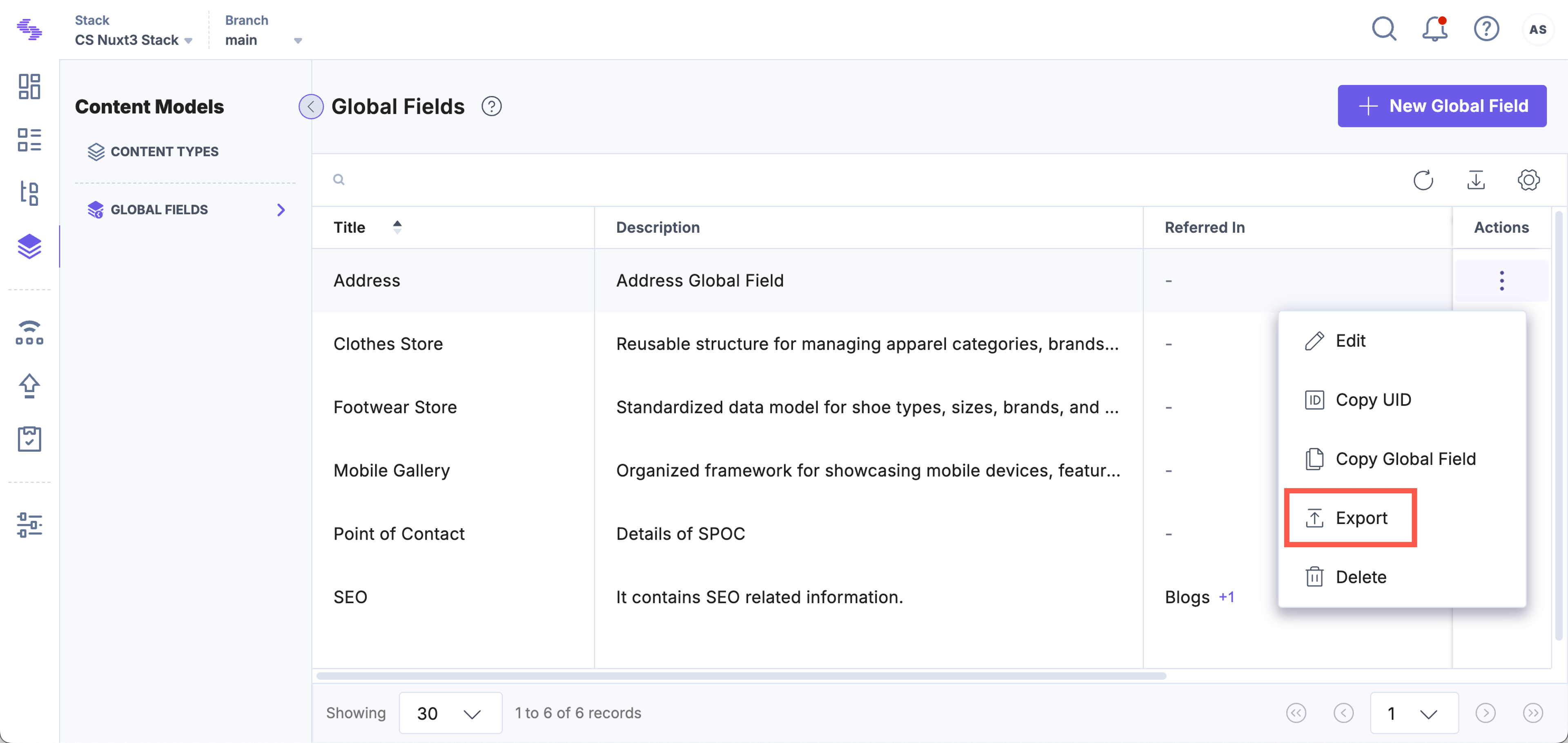 Export Global Field option in action menu