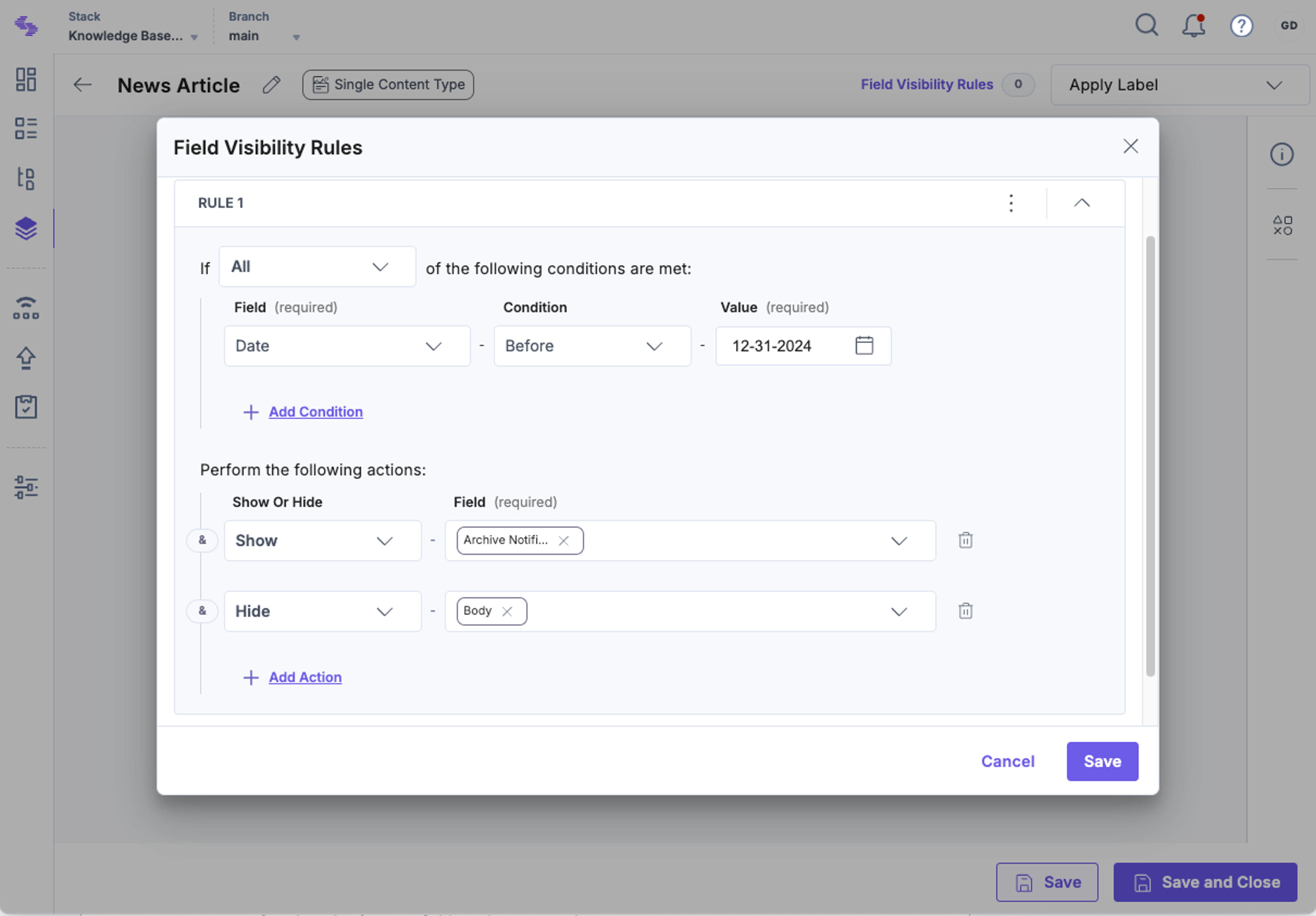 Setting up actions in Field Visibility Rules