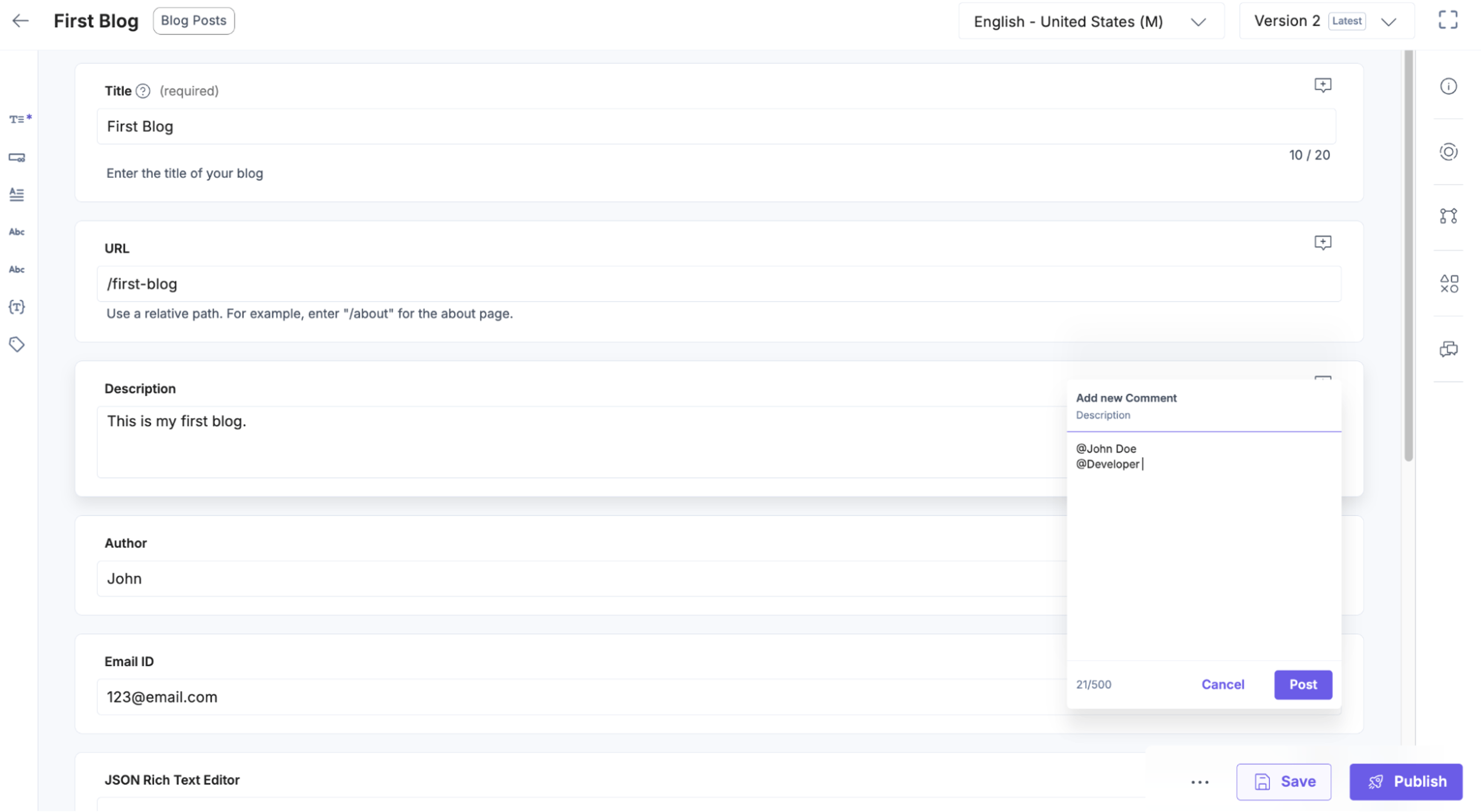 Tagging a user or role in Contentstack comments