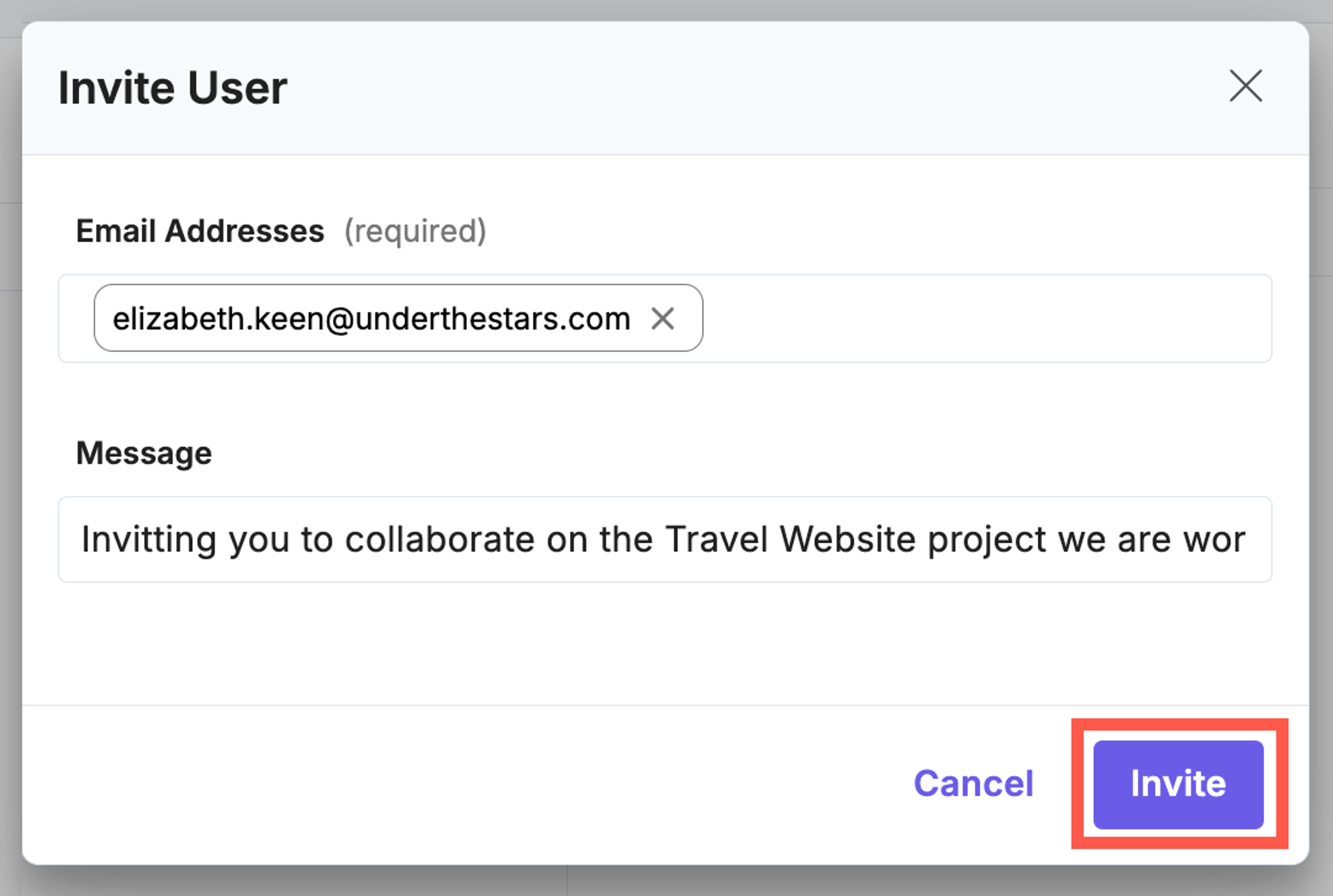 Invite User modal with email and message fields
