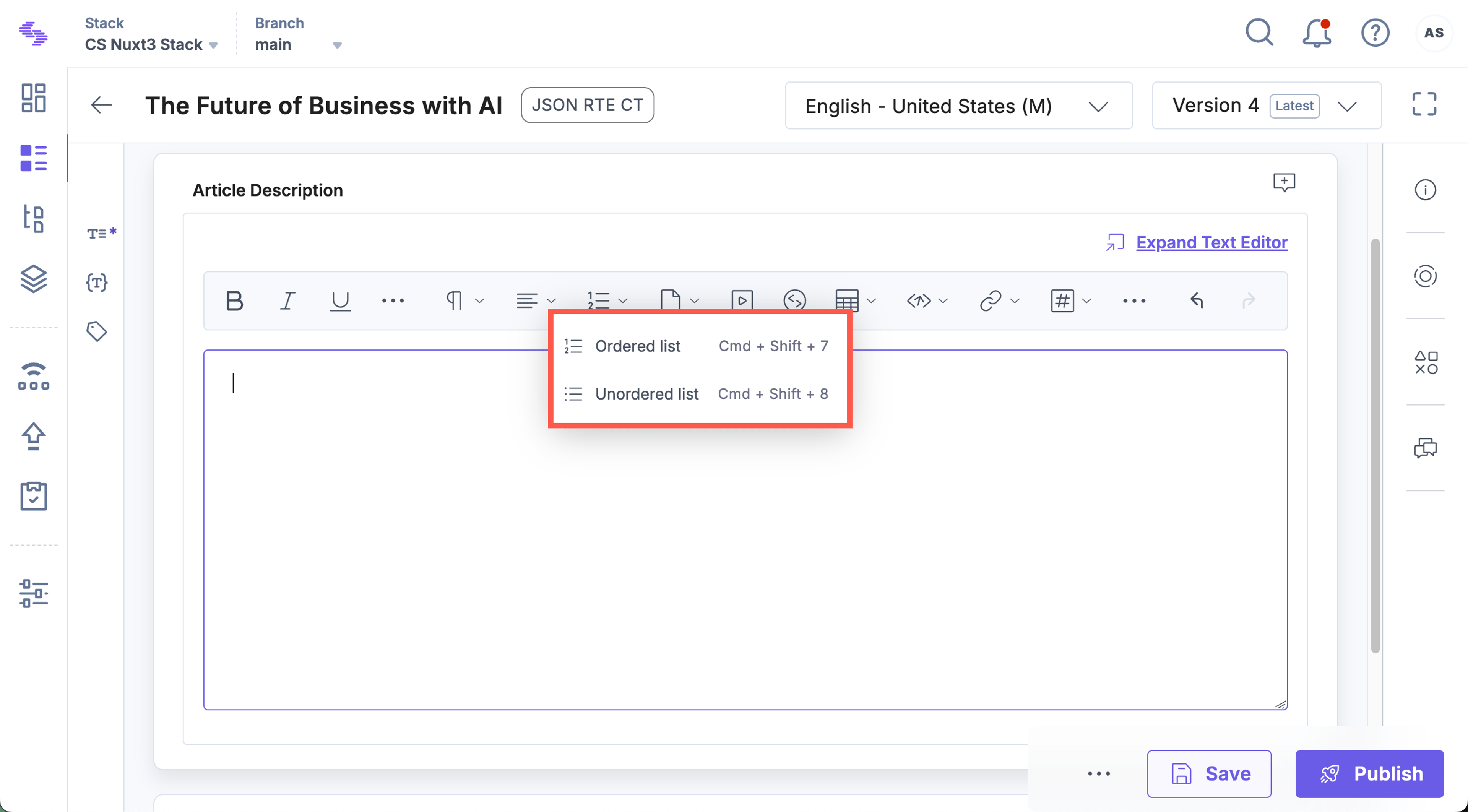 Example of unordered list in JSON RTE