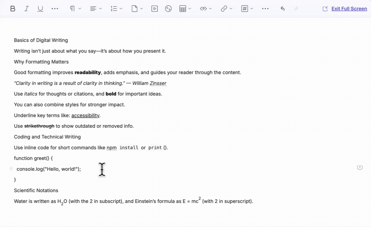 Example of block code formatting in JSON RTE