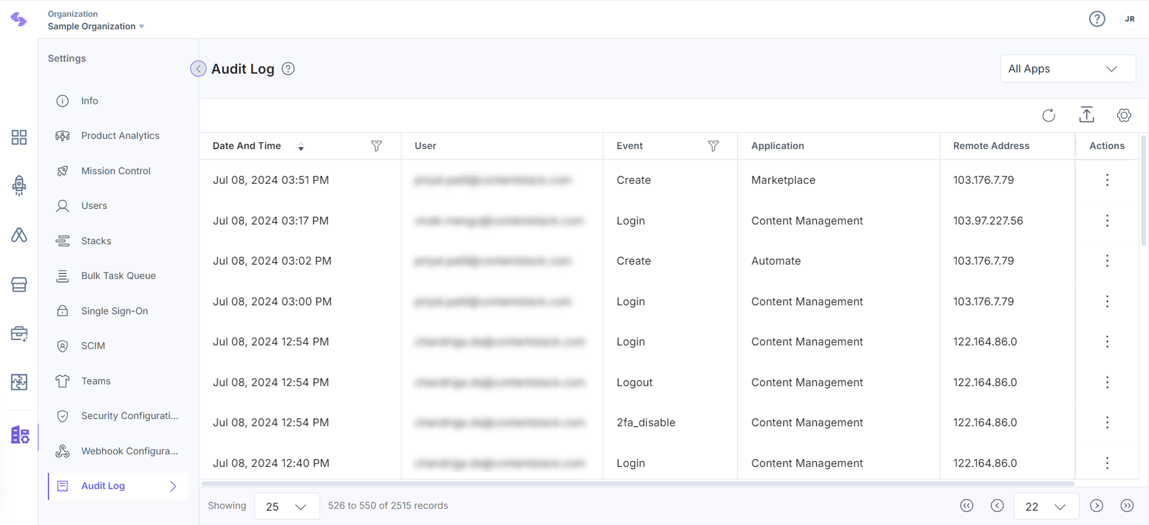 Organization Audit Log screen