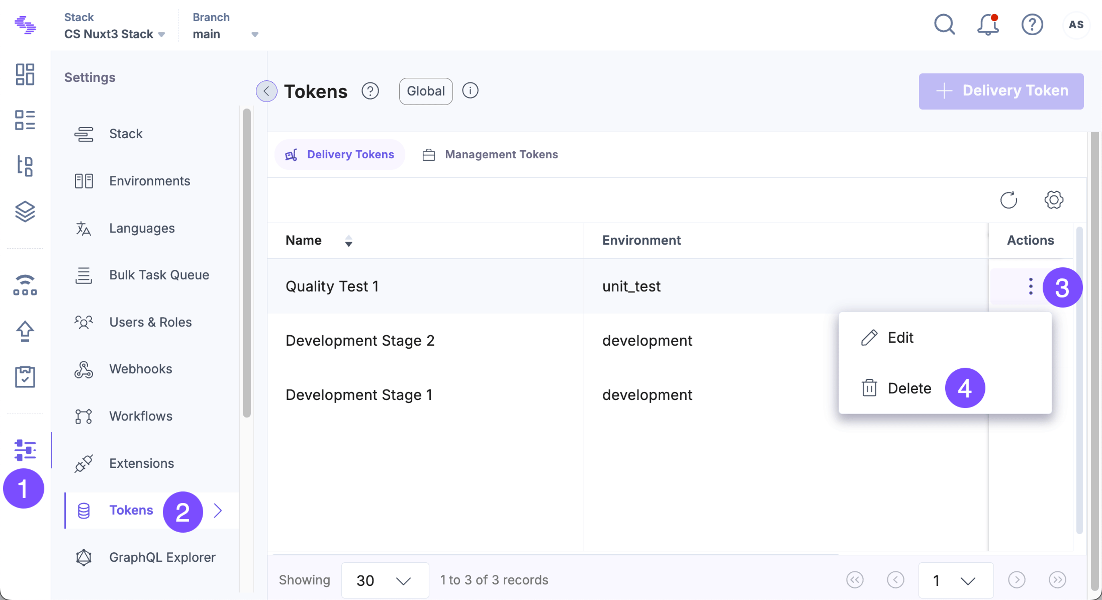 Delete Delivery Token option