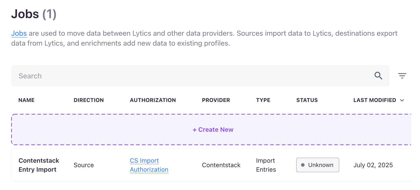 Jobs list view showing a Contentstack Entry Import job with details such as direction, authorization, provider, type, status, and last modified date.