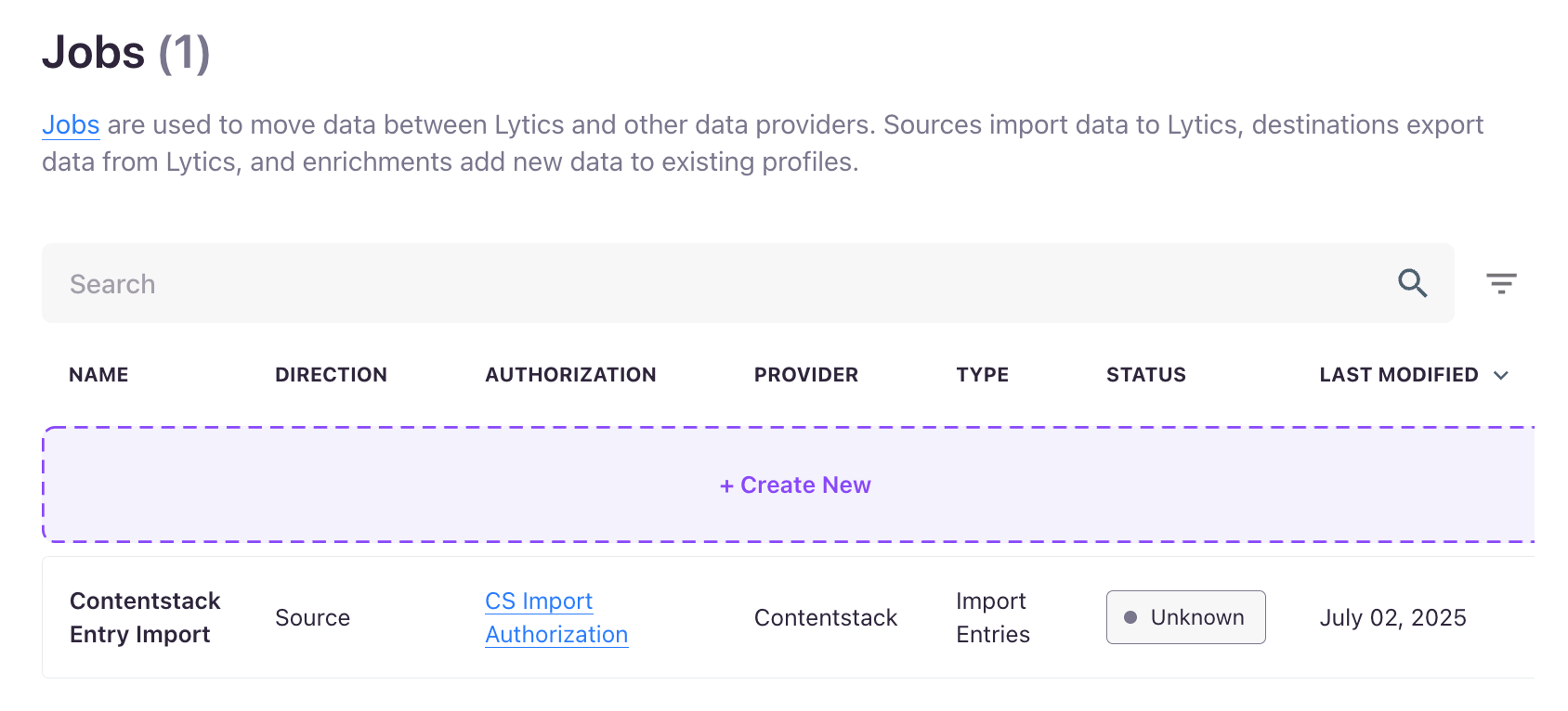 Jobs list view showing a Contentstack Entry Import job with details such as direction, authorization, provider, type, status, and last modified date.