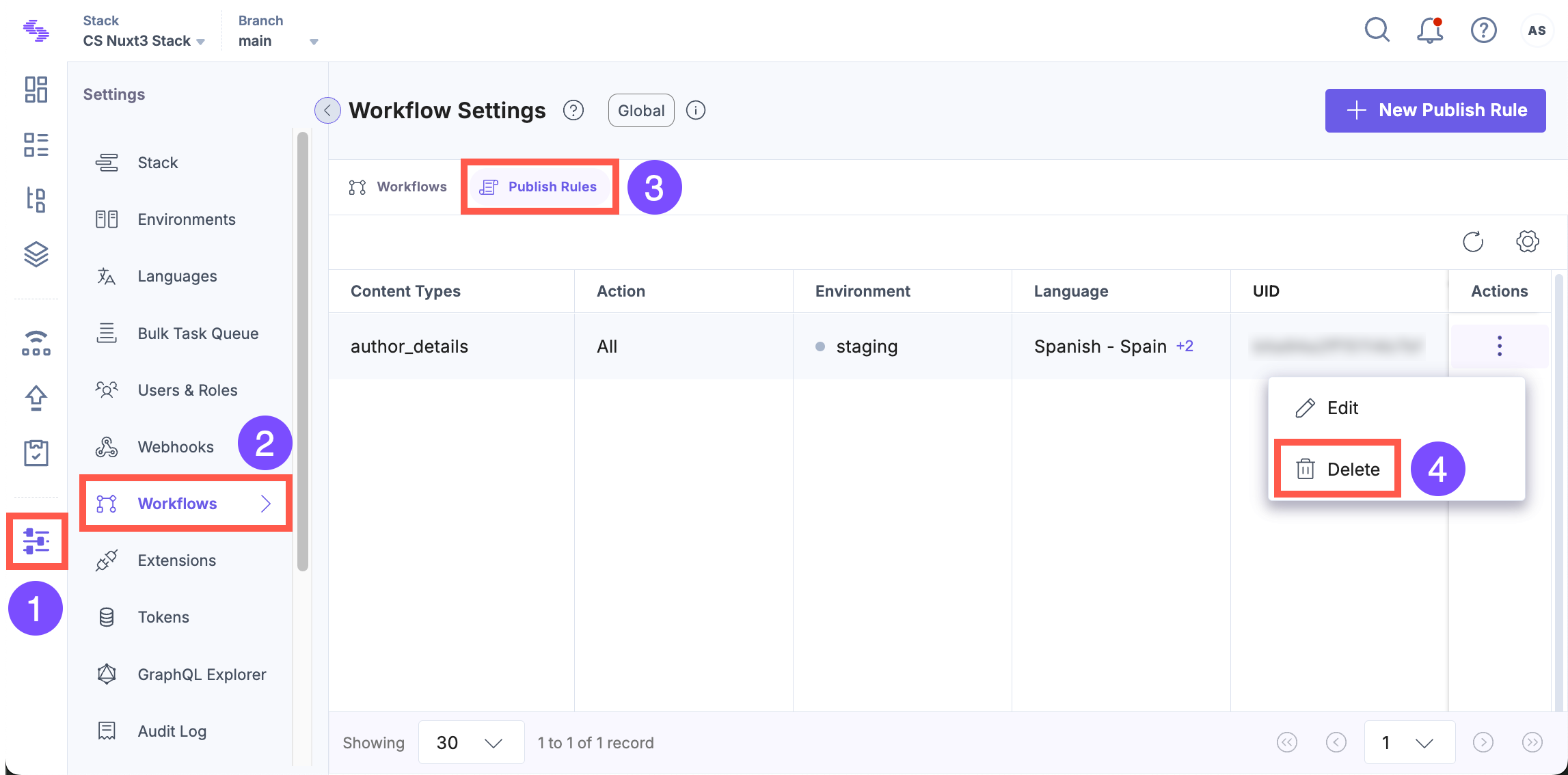 Delete option in Publish Rule actions menu