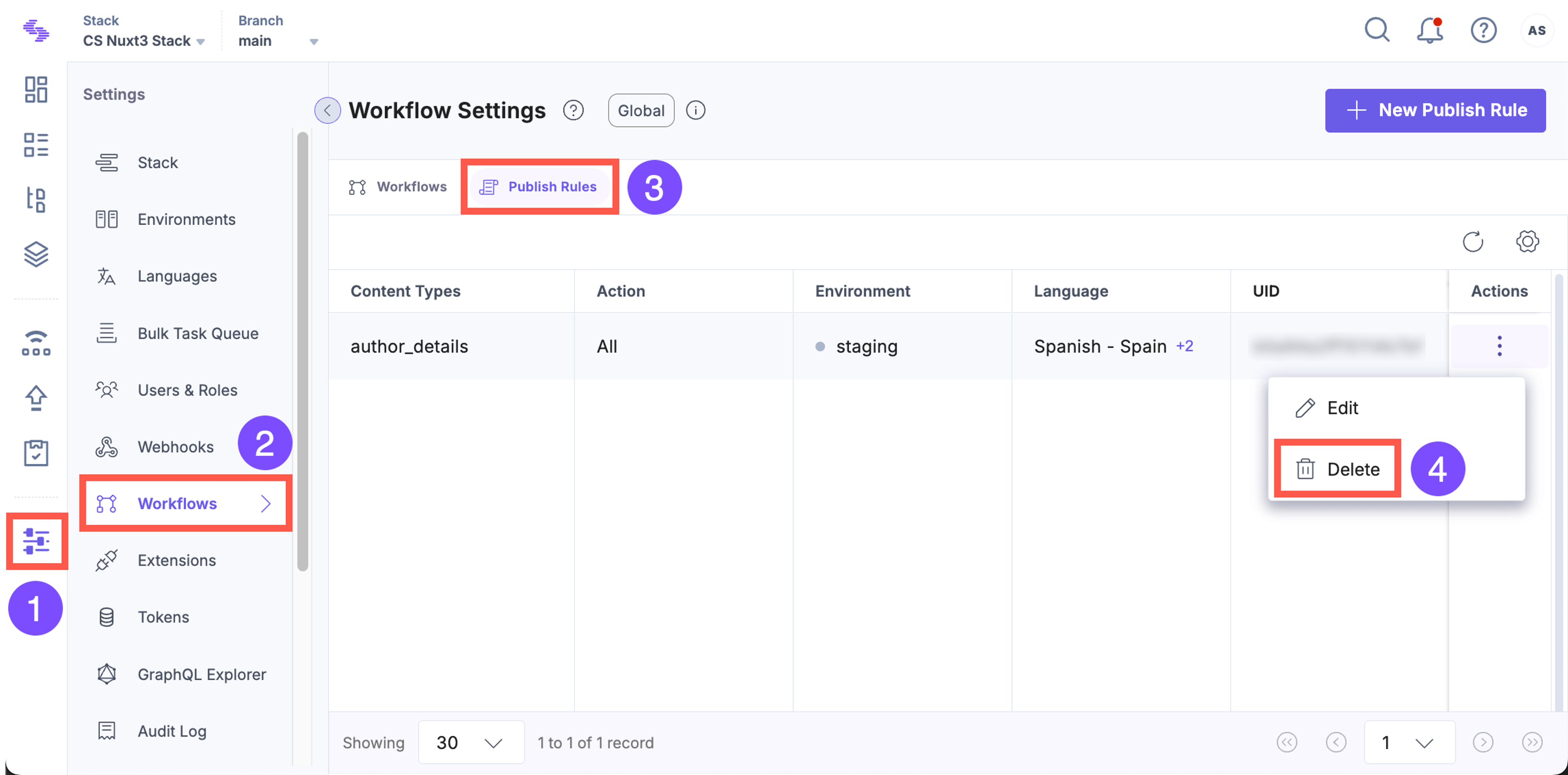 Delete option in Publish Rule actions menu