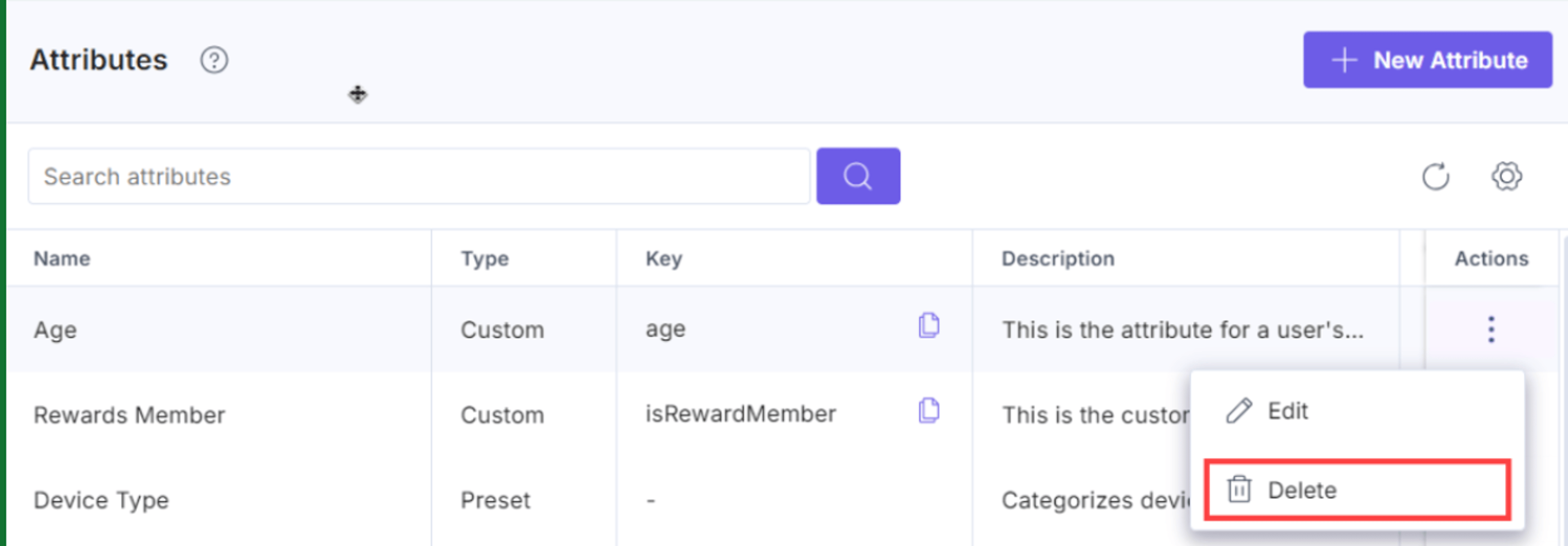 Delete option under the Actions column in the Attributes tab