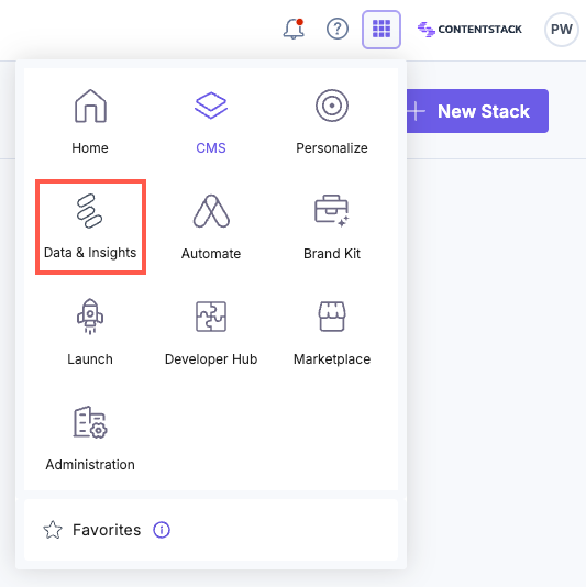 App launcher menu highlighting the Data & Insights option in the Contentstack dashboard.