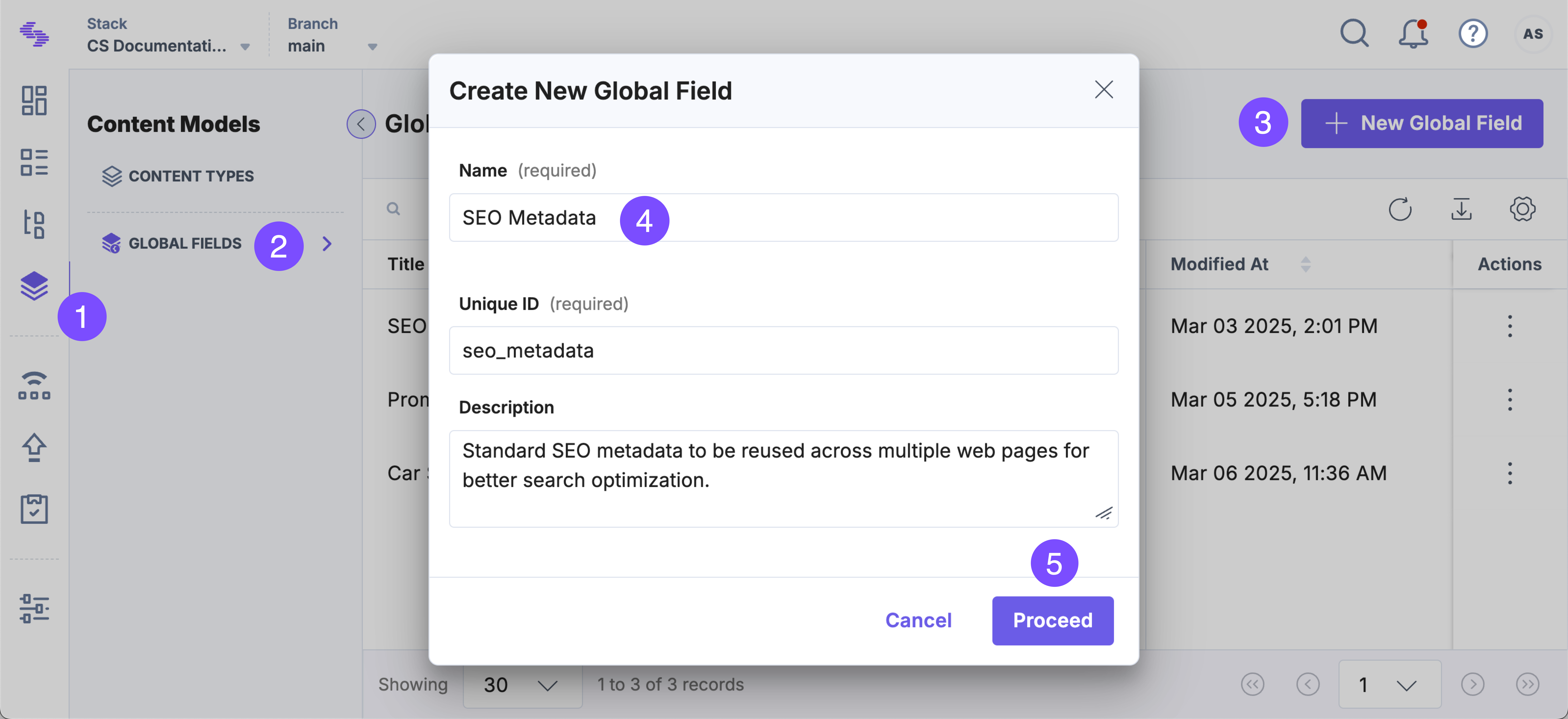Create Global Field screen