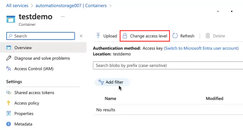 Azure_Blob_Storage_Connector_Containers_Click_change_access_level