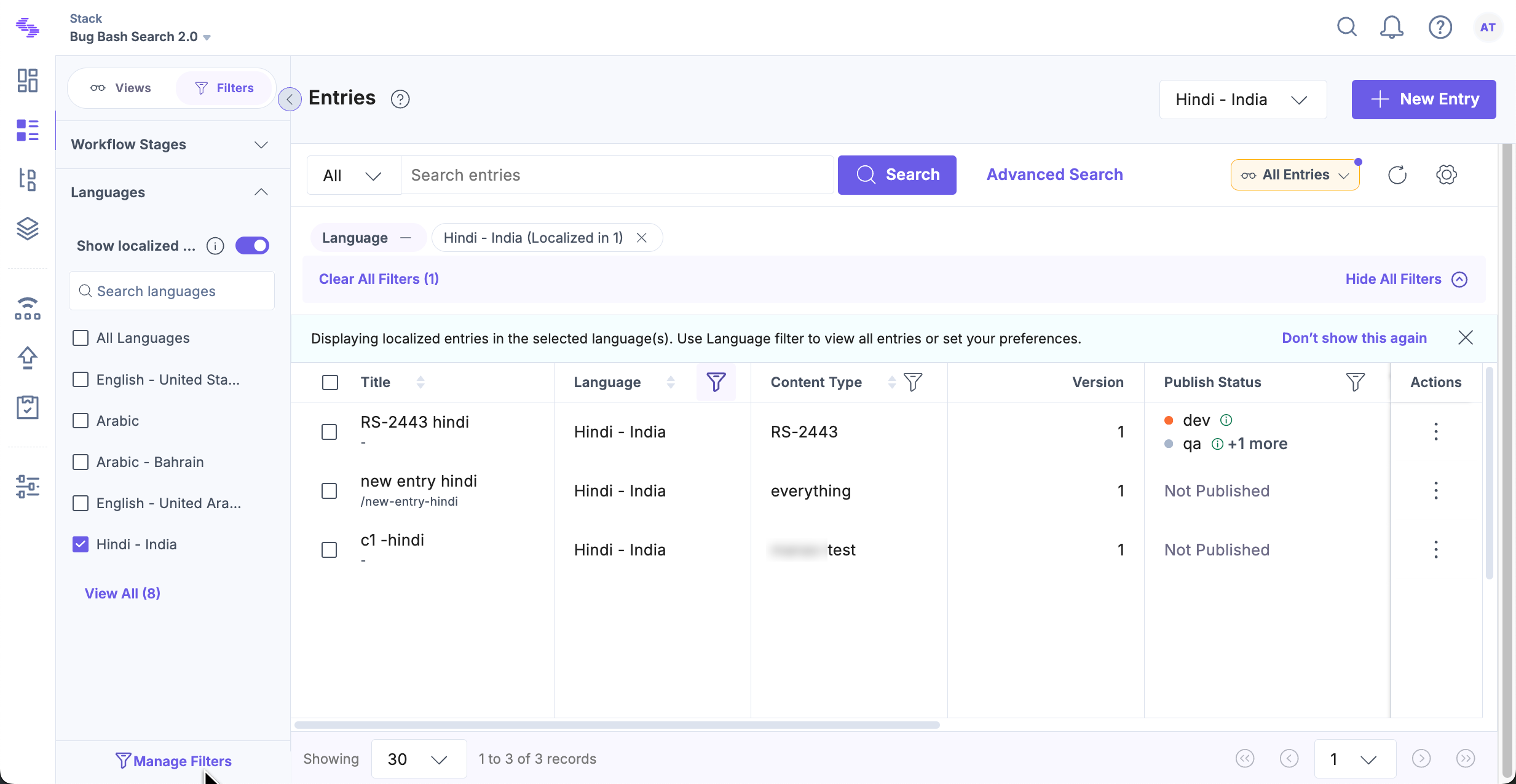 Localized entries list example