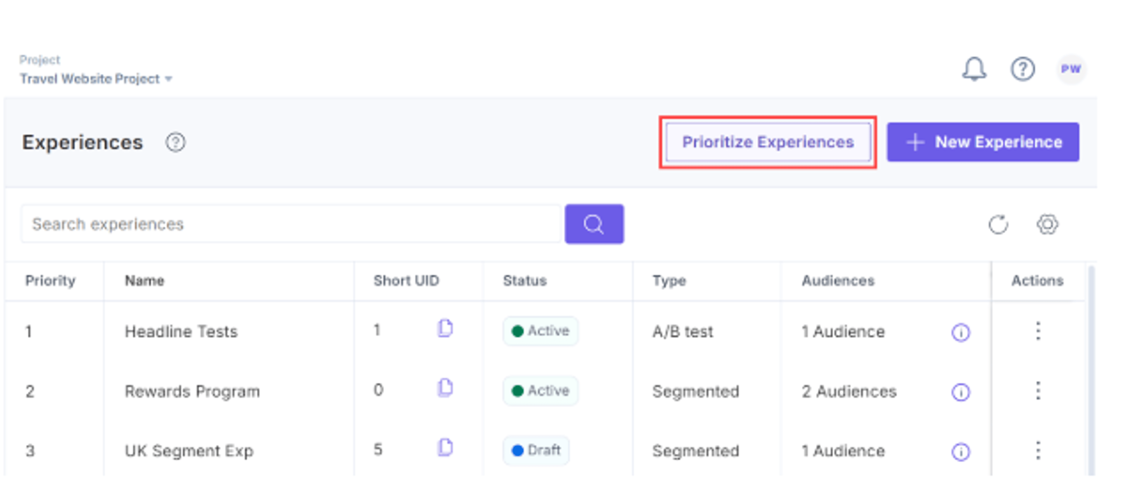 Experiences page with Prioritize Experiences button