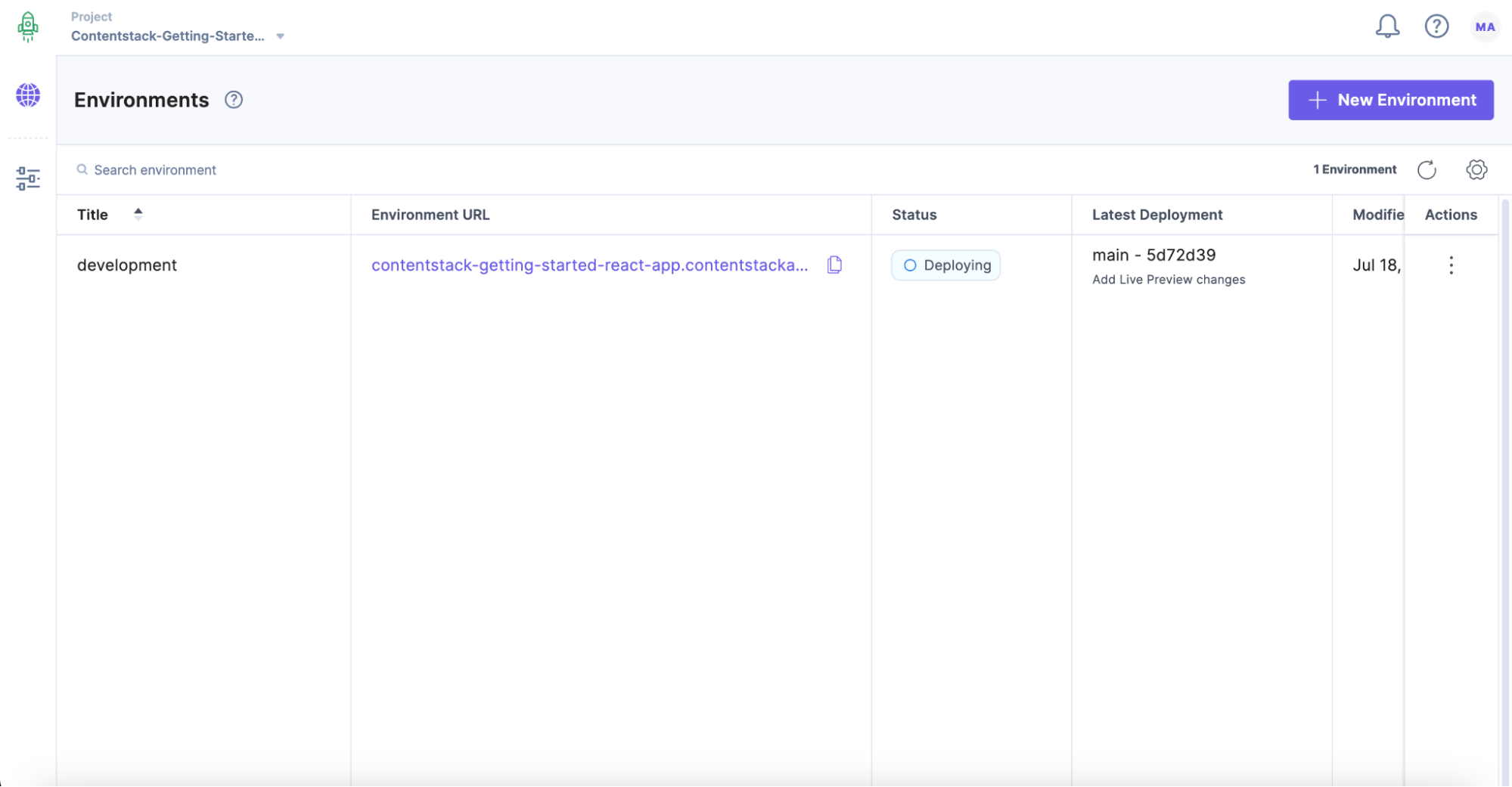 6. Status of the default Environment changes to Deploying on code push.png