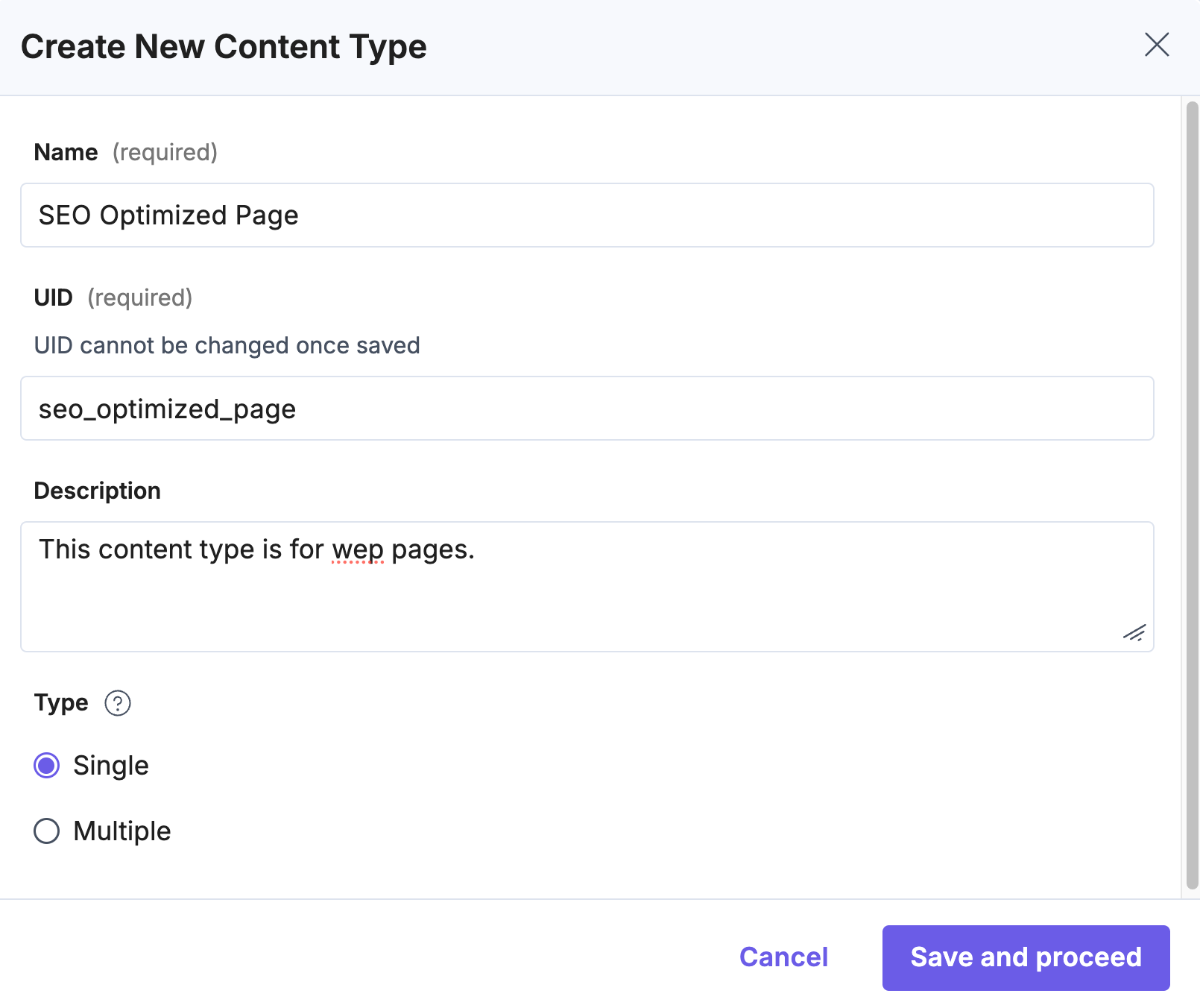 Create Content Type modal