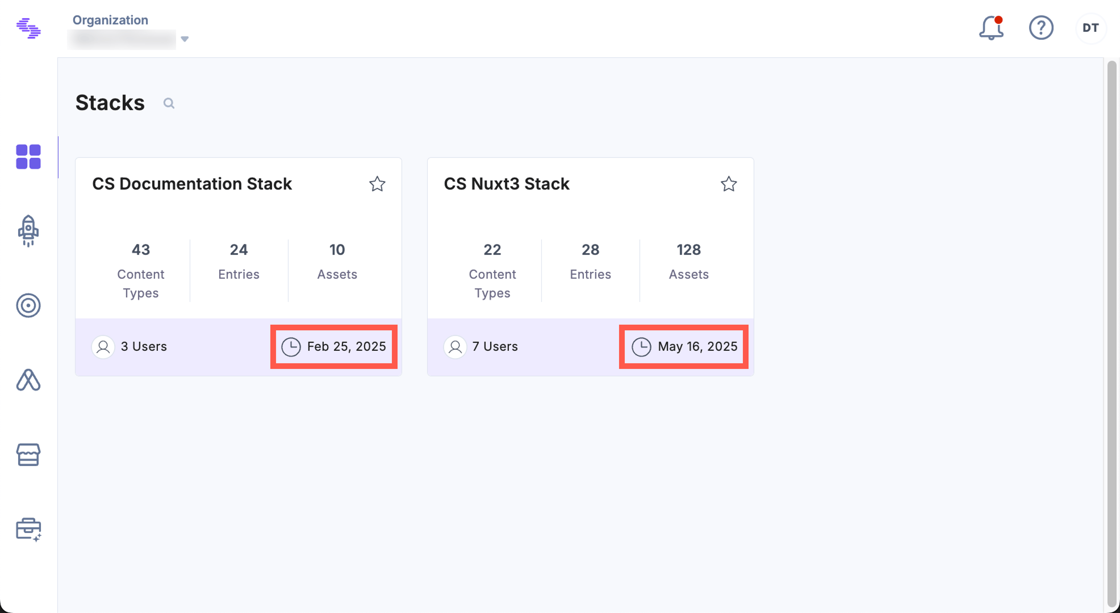 Stack card showing last modified timestamp