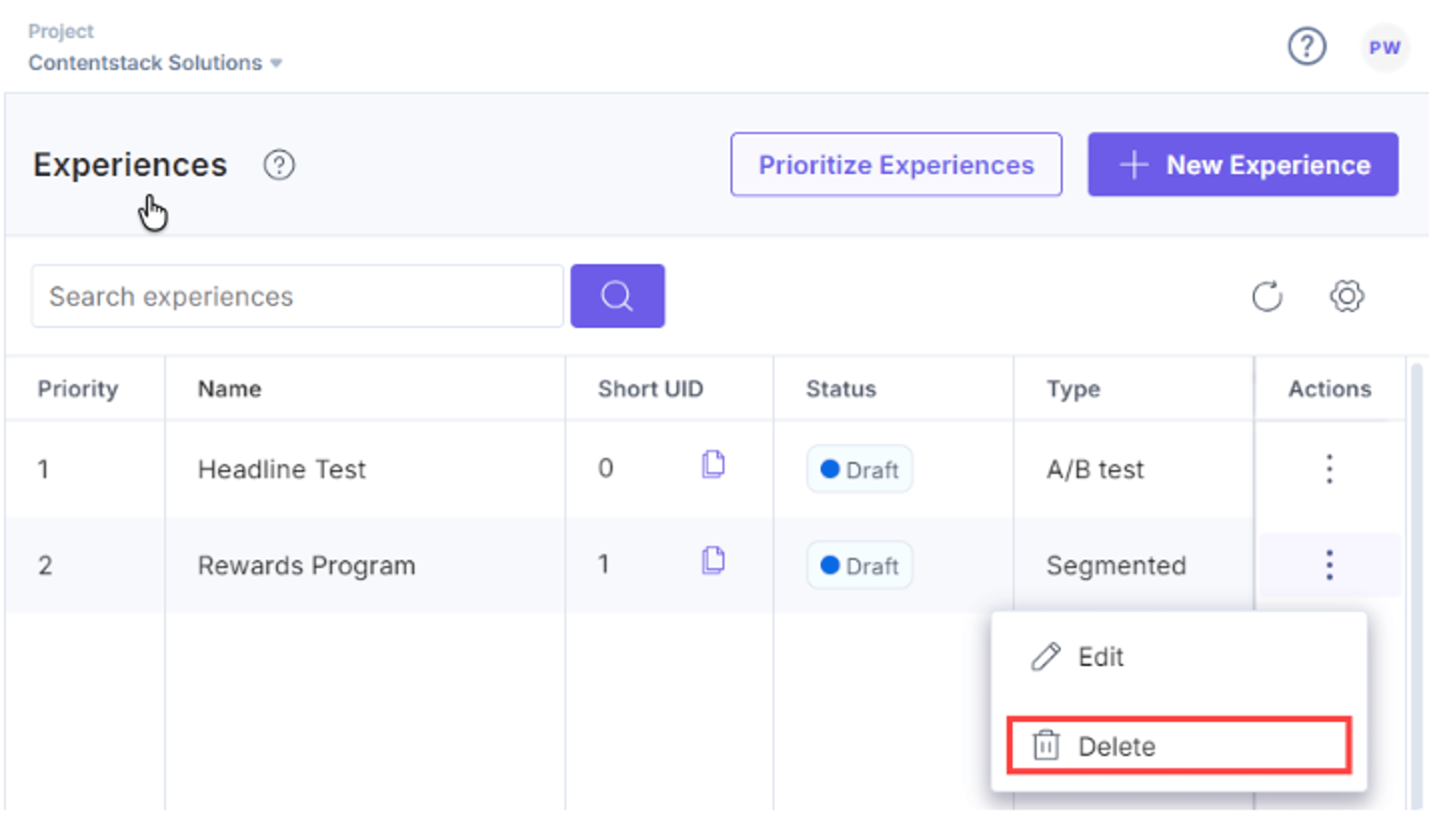 Experience Actions menu with Delete option
