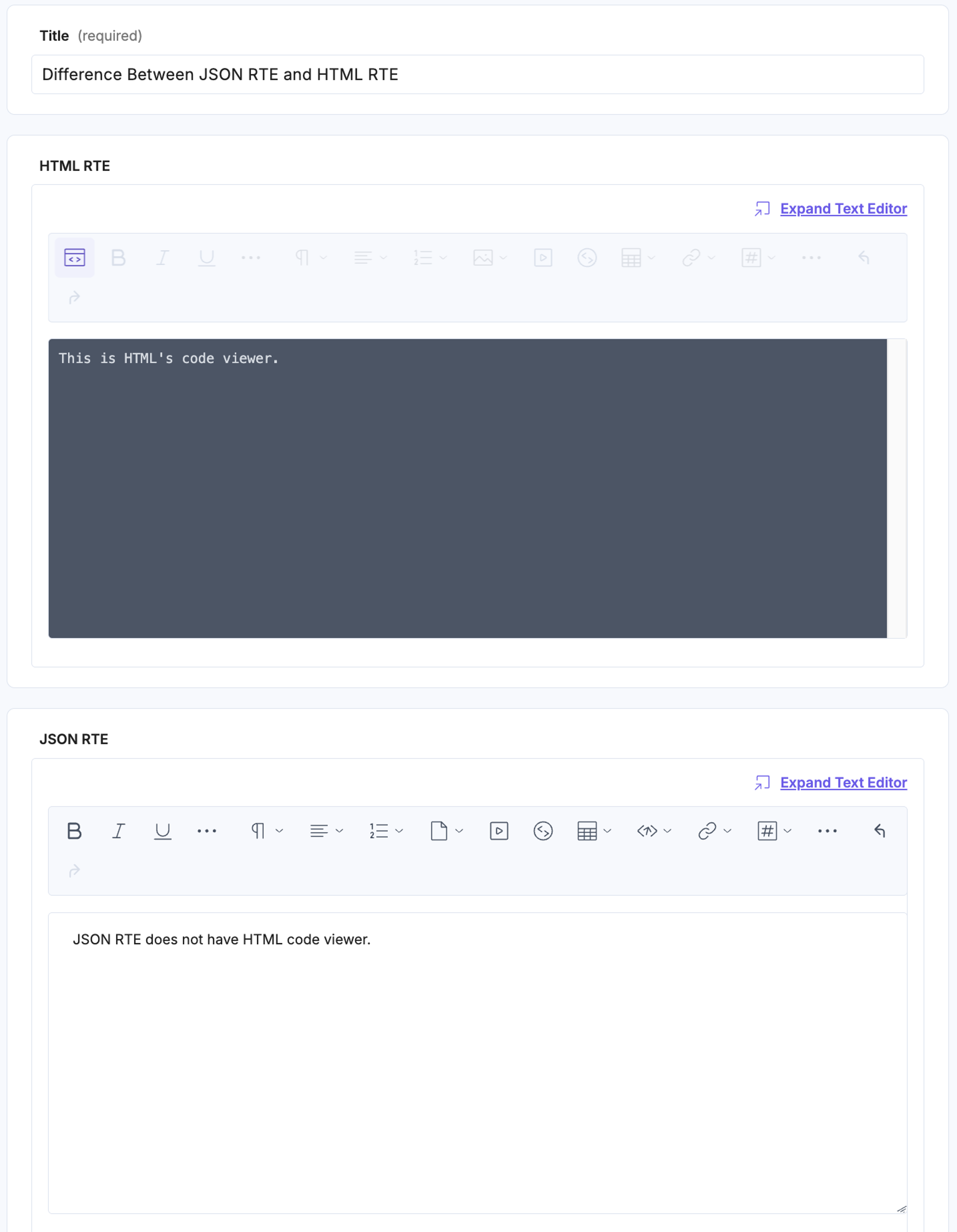 Comparison of HTML RTE and JSON RTE UI