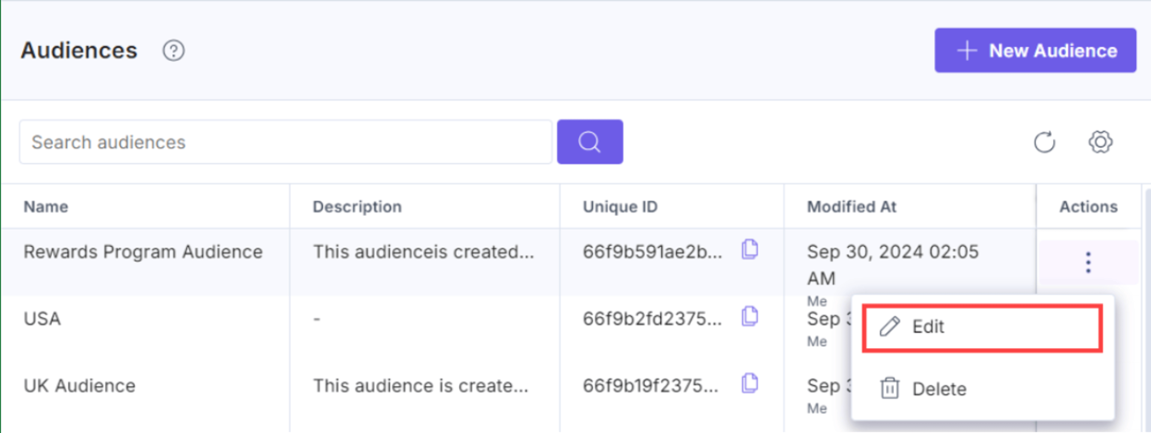 Open an audience from the Audiences tab