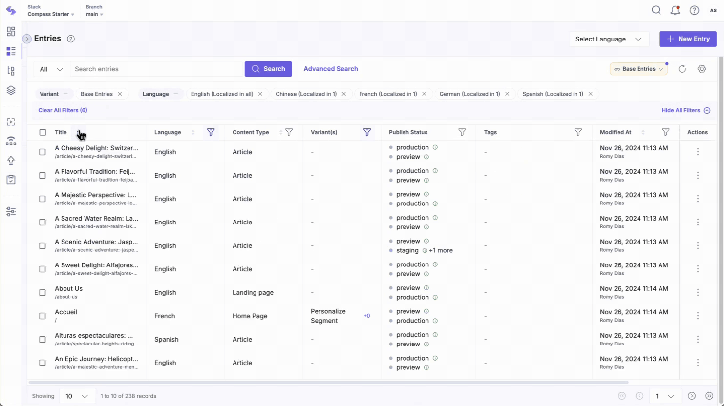 Sorting example in Contentstack UI