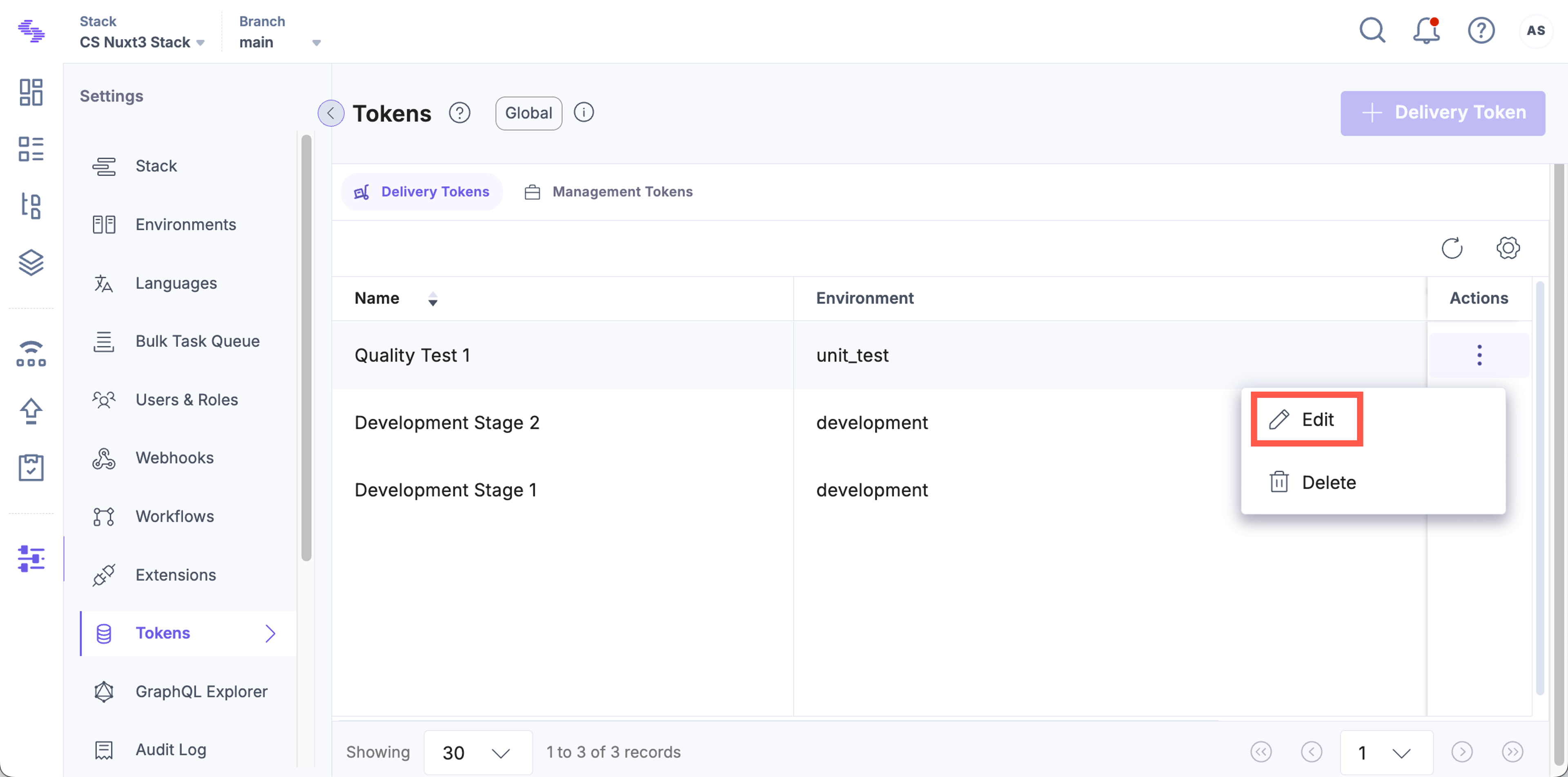 Edit Delivery Token UI