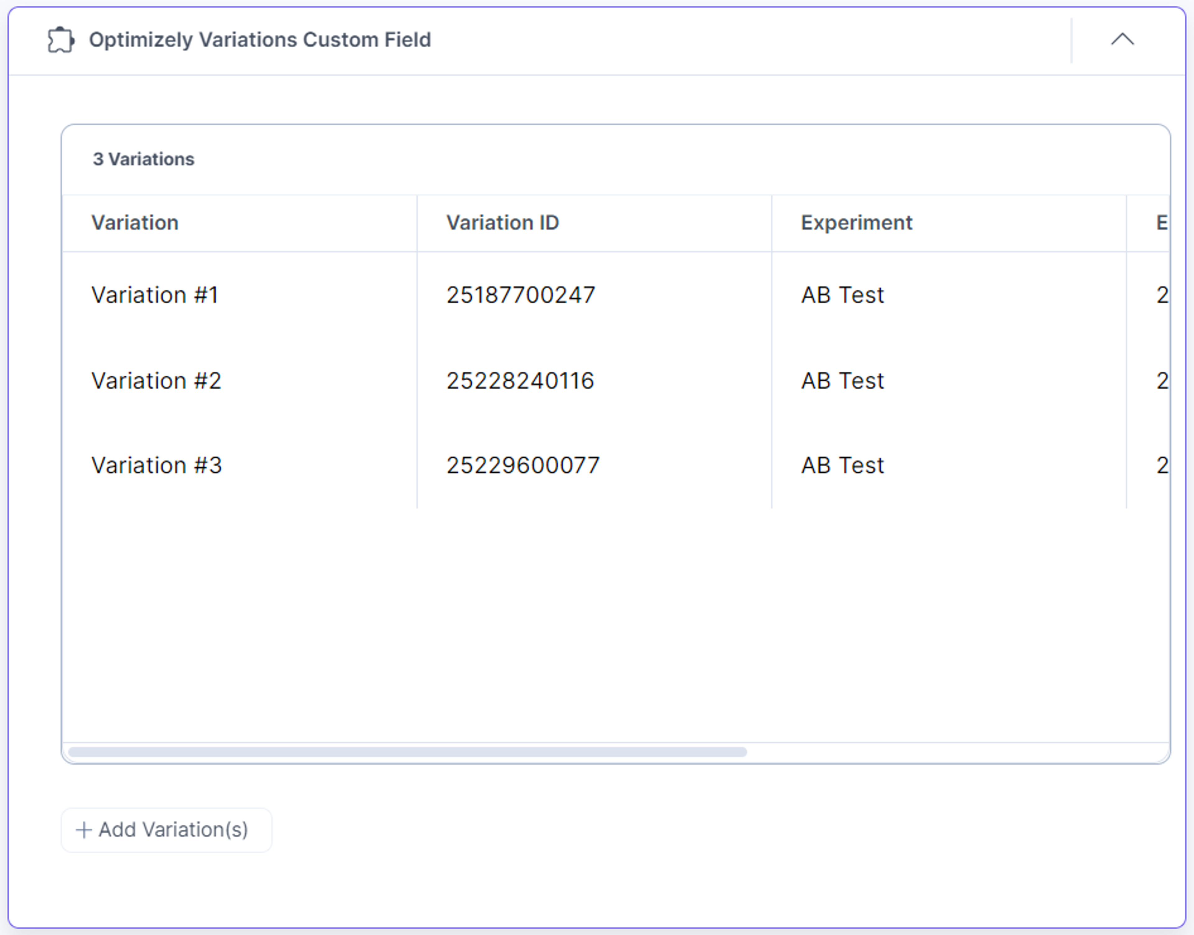 Optimizely-Variations-View-In-Custom-Field