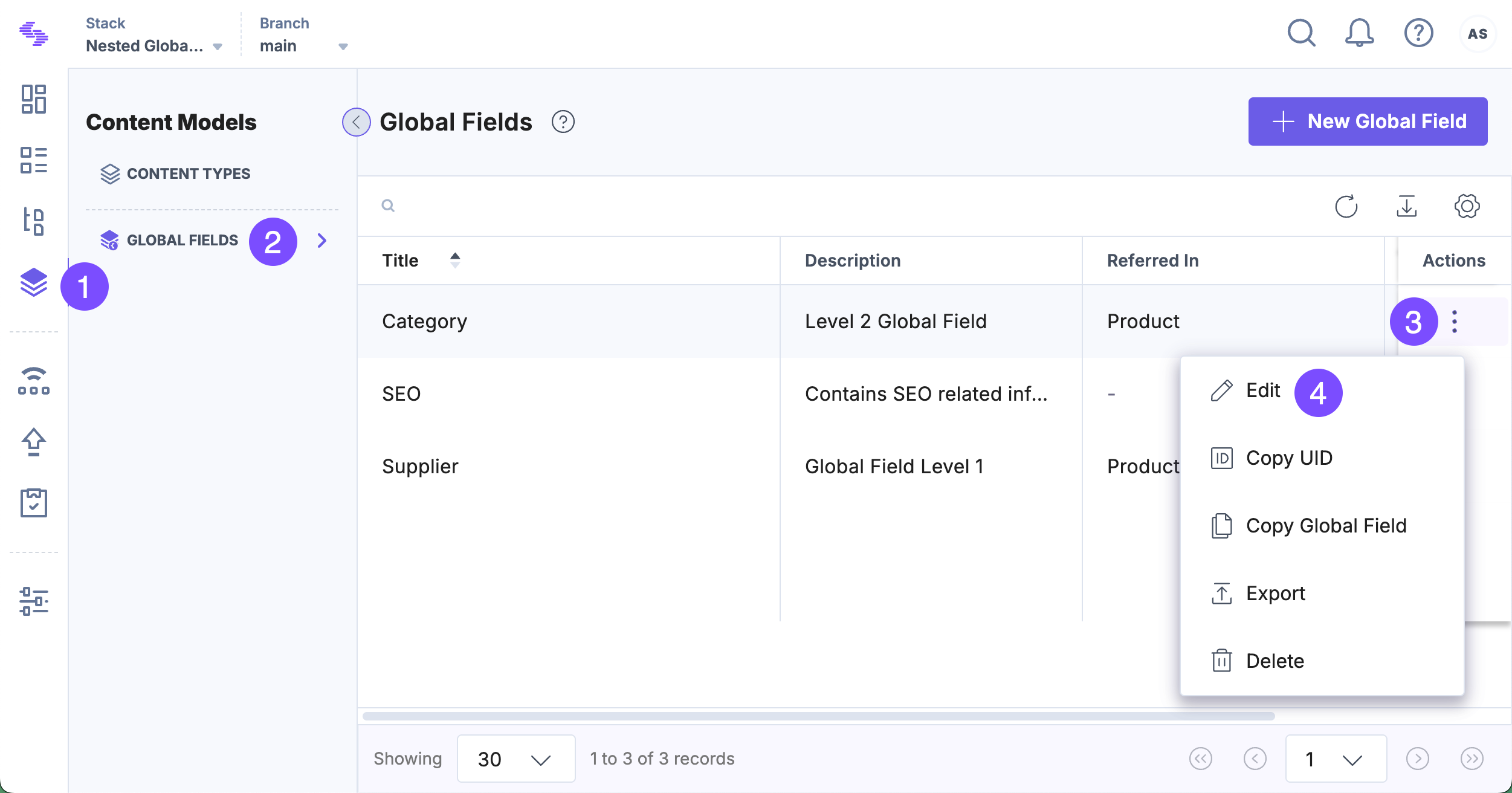 Edit global field option in actions menu