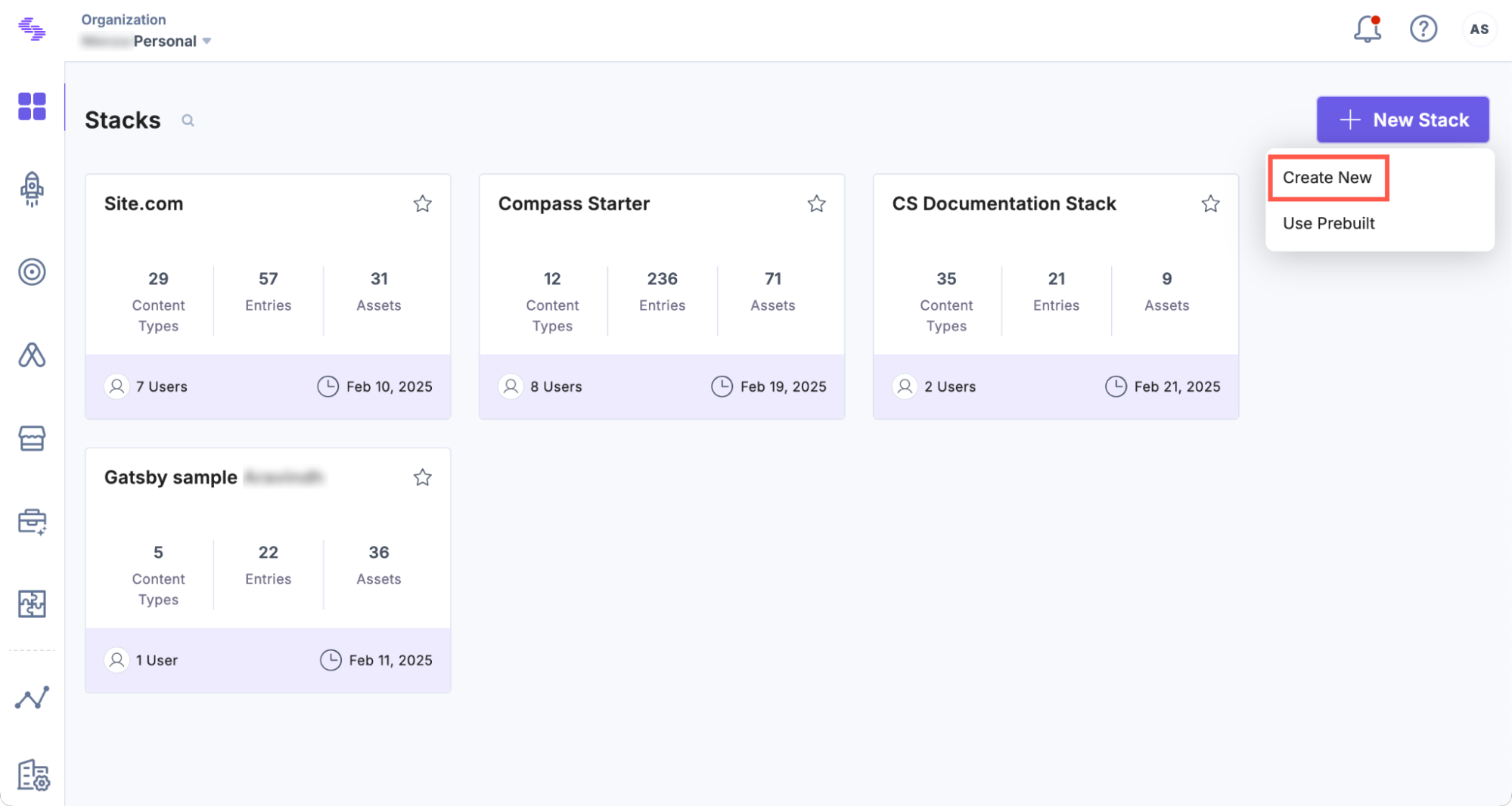 New Stack button in Contentstack UI