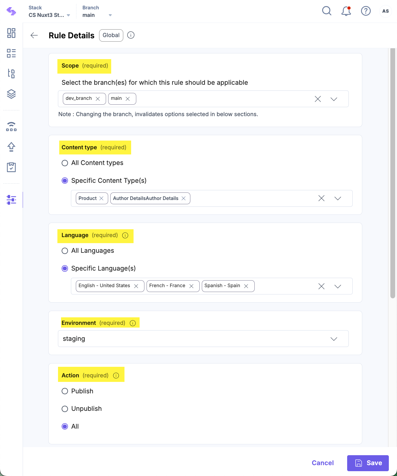 Rule configuration screen