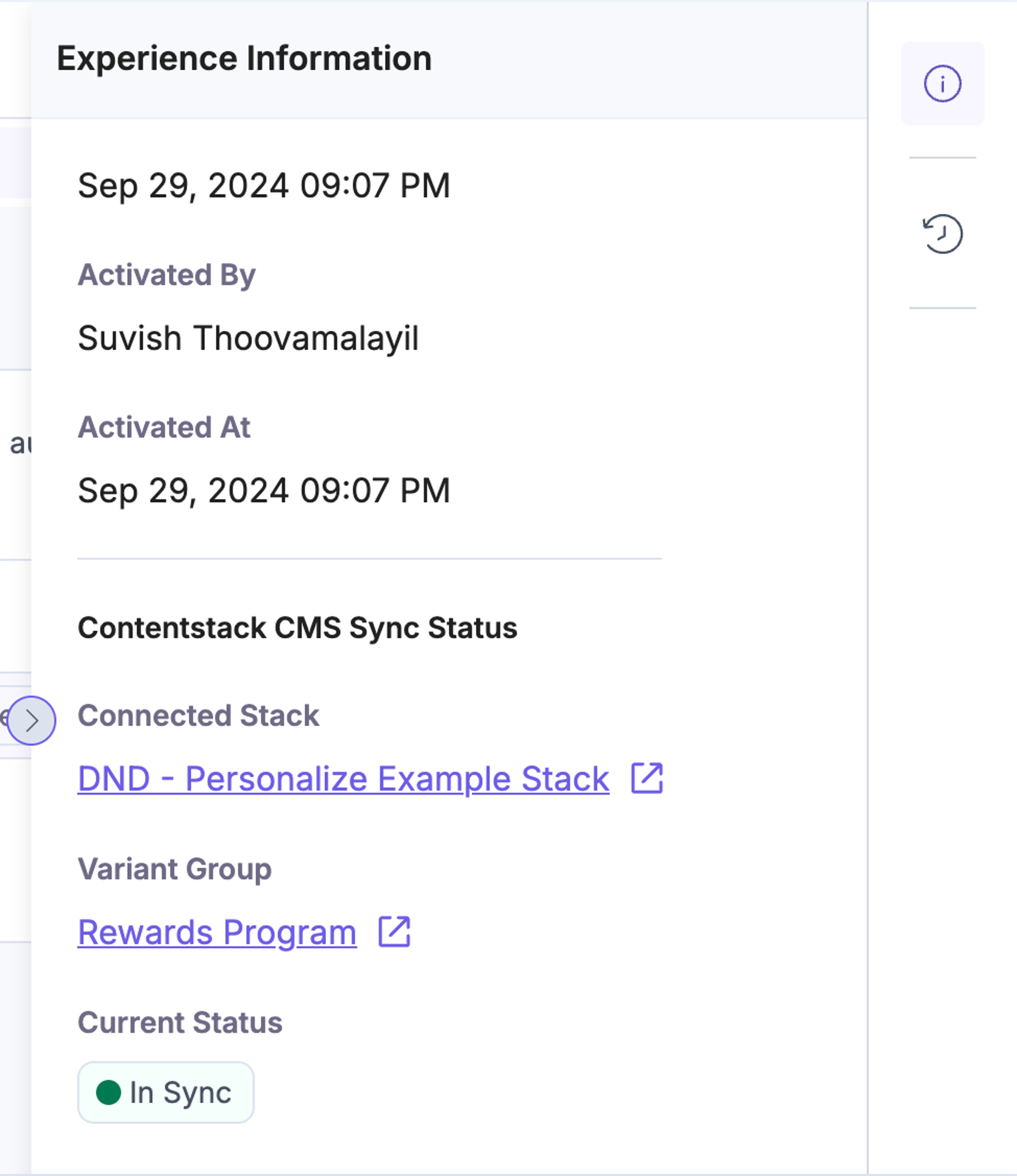 Contentstack CMS Sync Status with Variant Group link