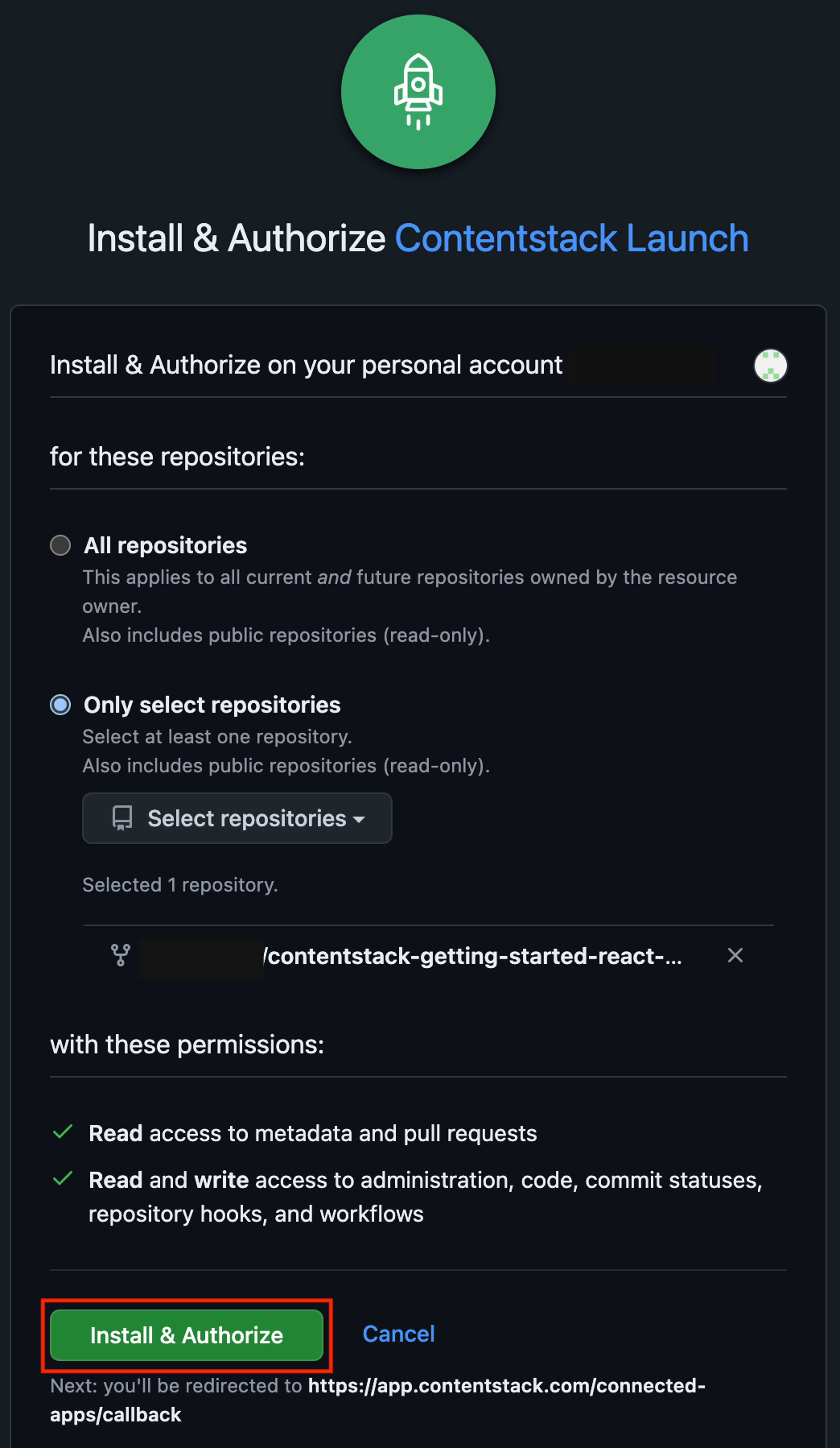 23. Install & Authorize Contentstack Launch.png
