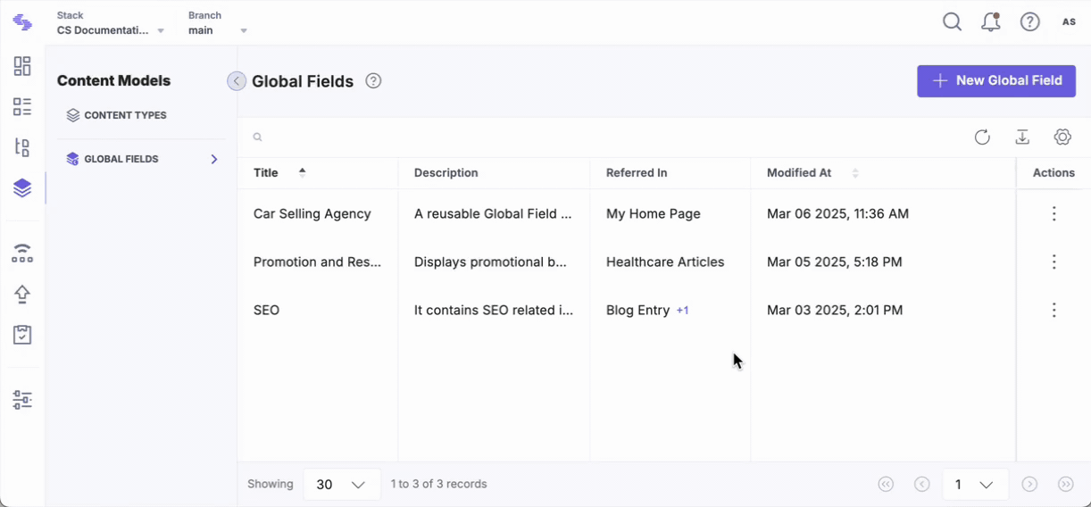 Import Global Field modal interface
