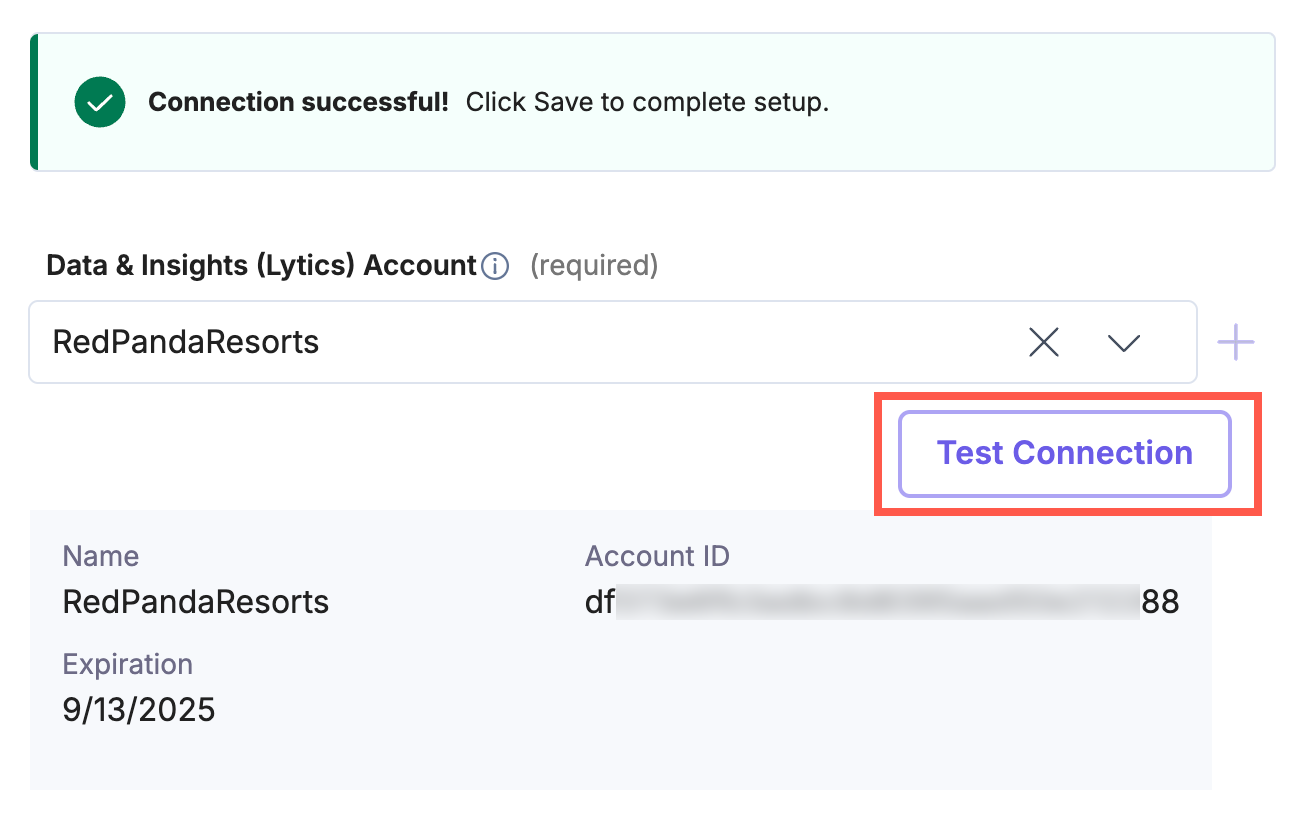 Connection test success message with linked Lytics account details for RedPandaResorts.        Ask ChatGPT