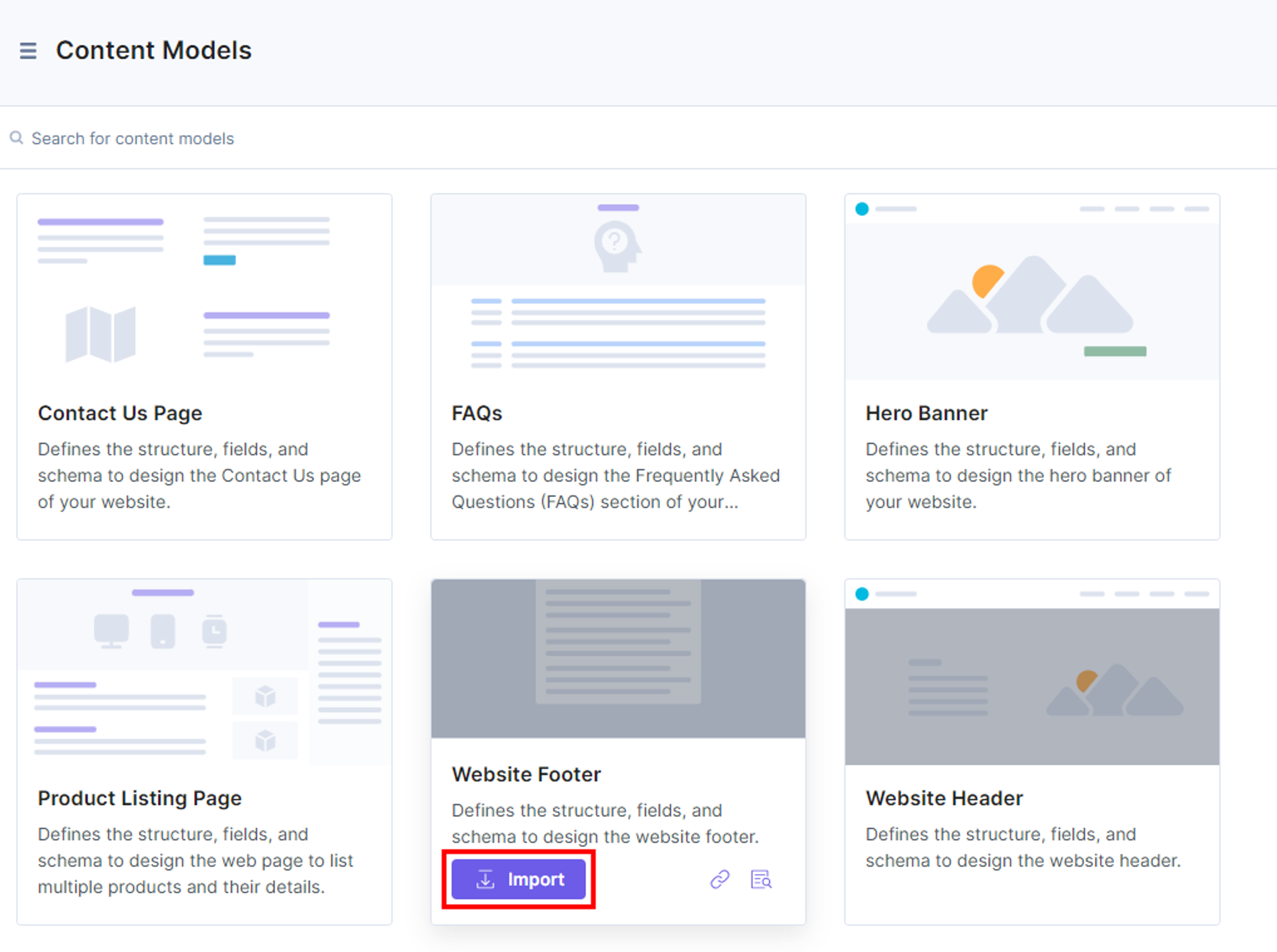 How to import content models - Import Website Footer