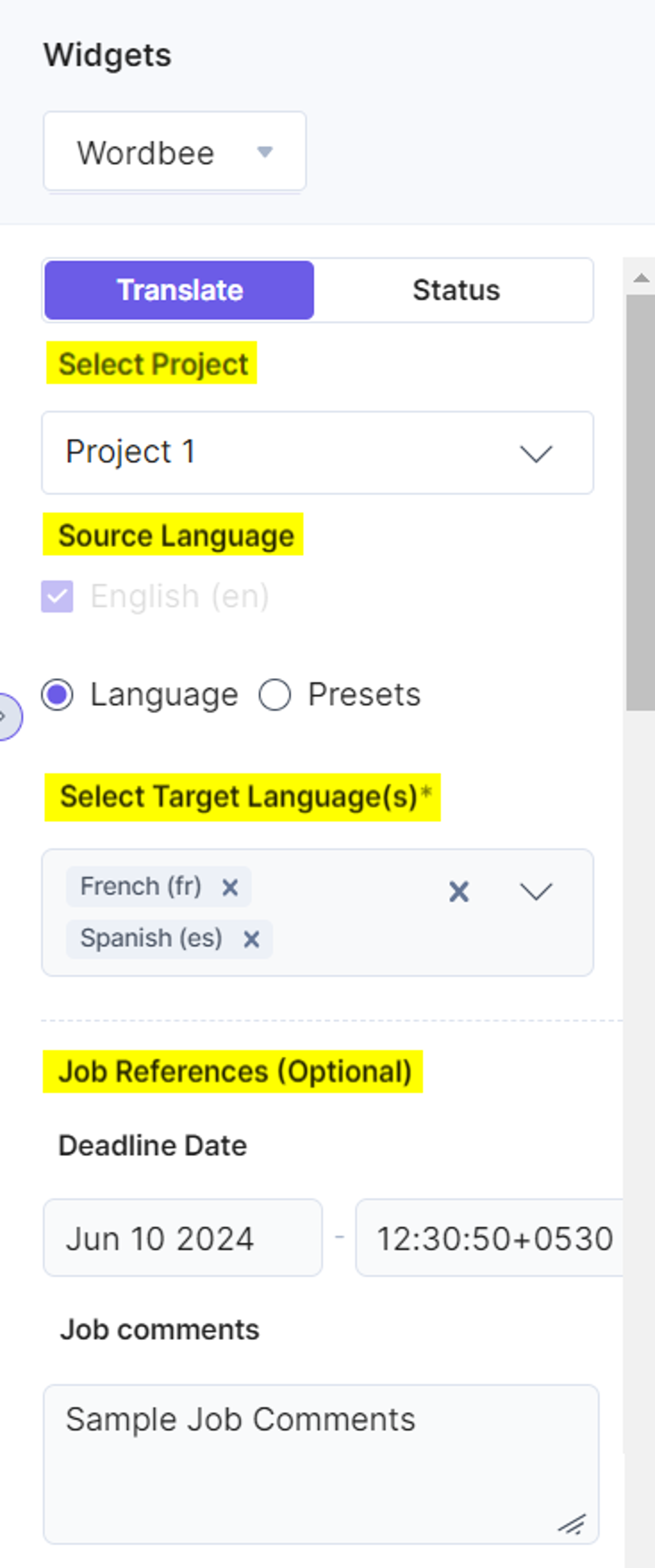 Wordbee Sidebar Widget Translate Fields
