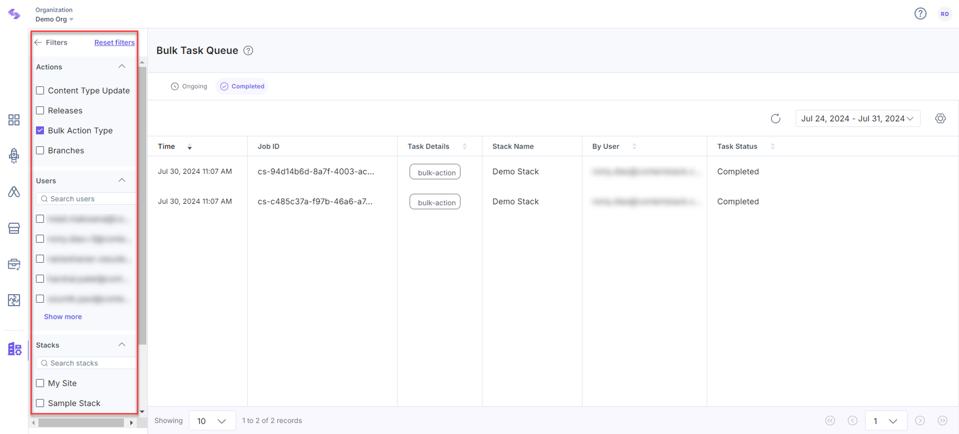 Filters panel for the Bulk Task Queue