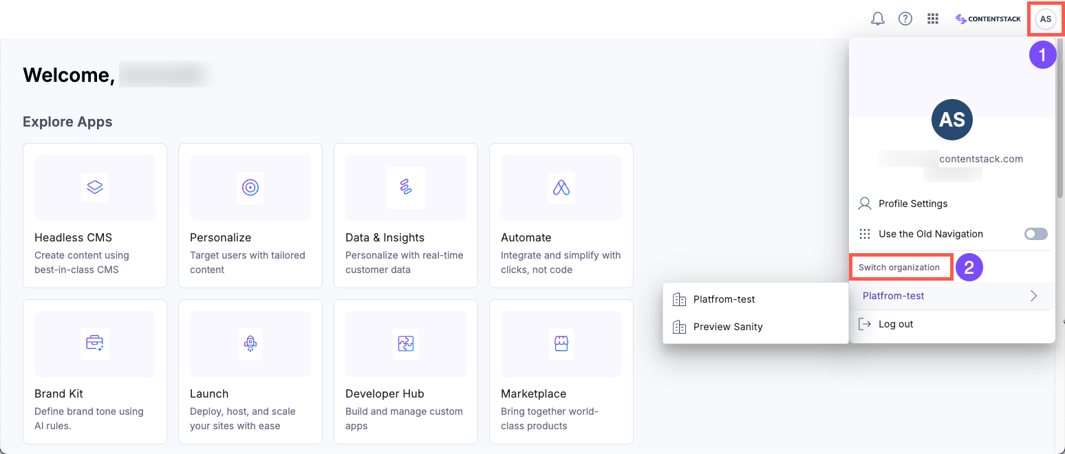 Switch between organizations using profile menu
