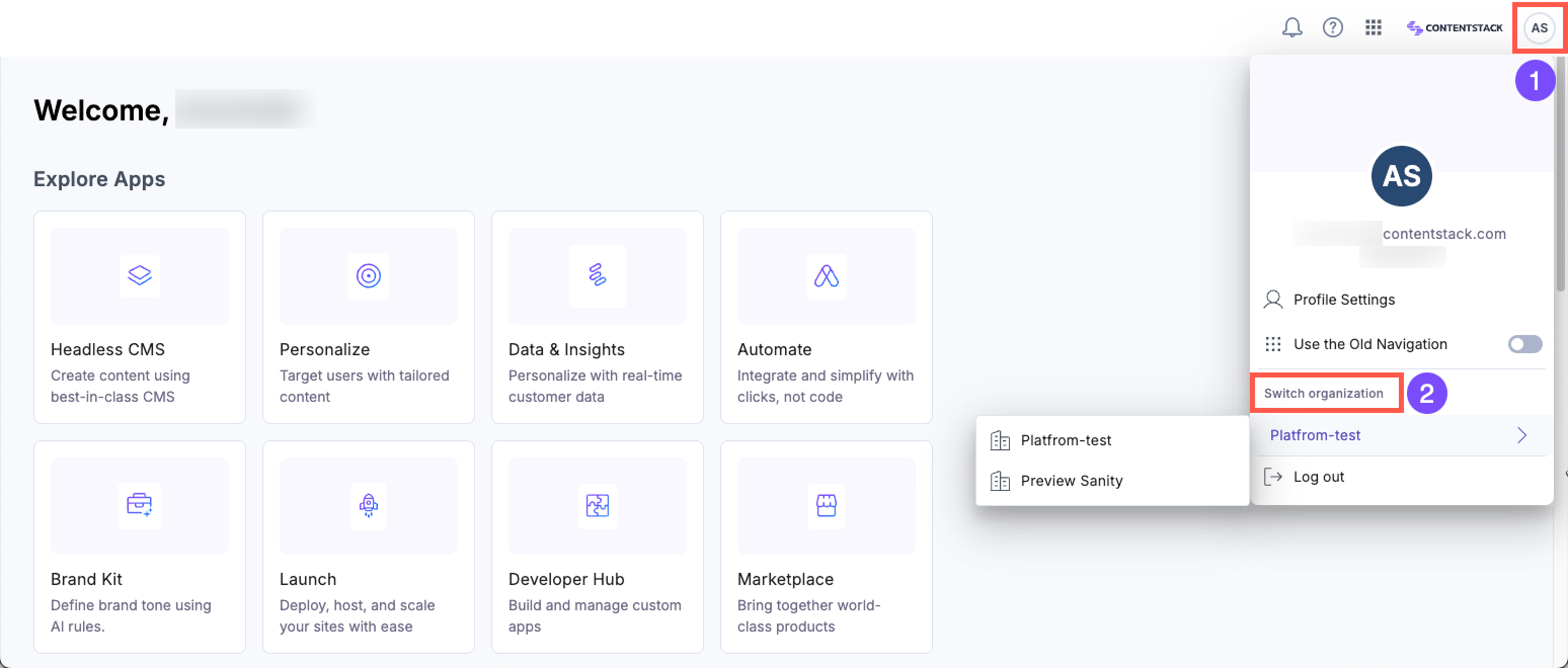 Switch between organizations using profile menu
