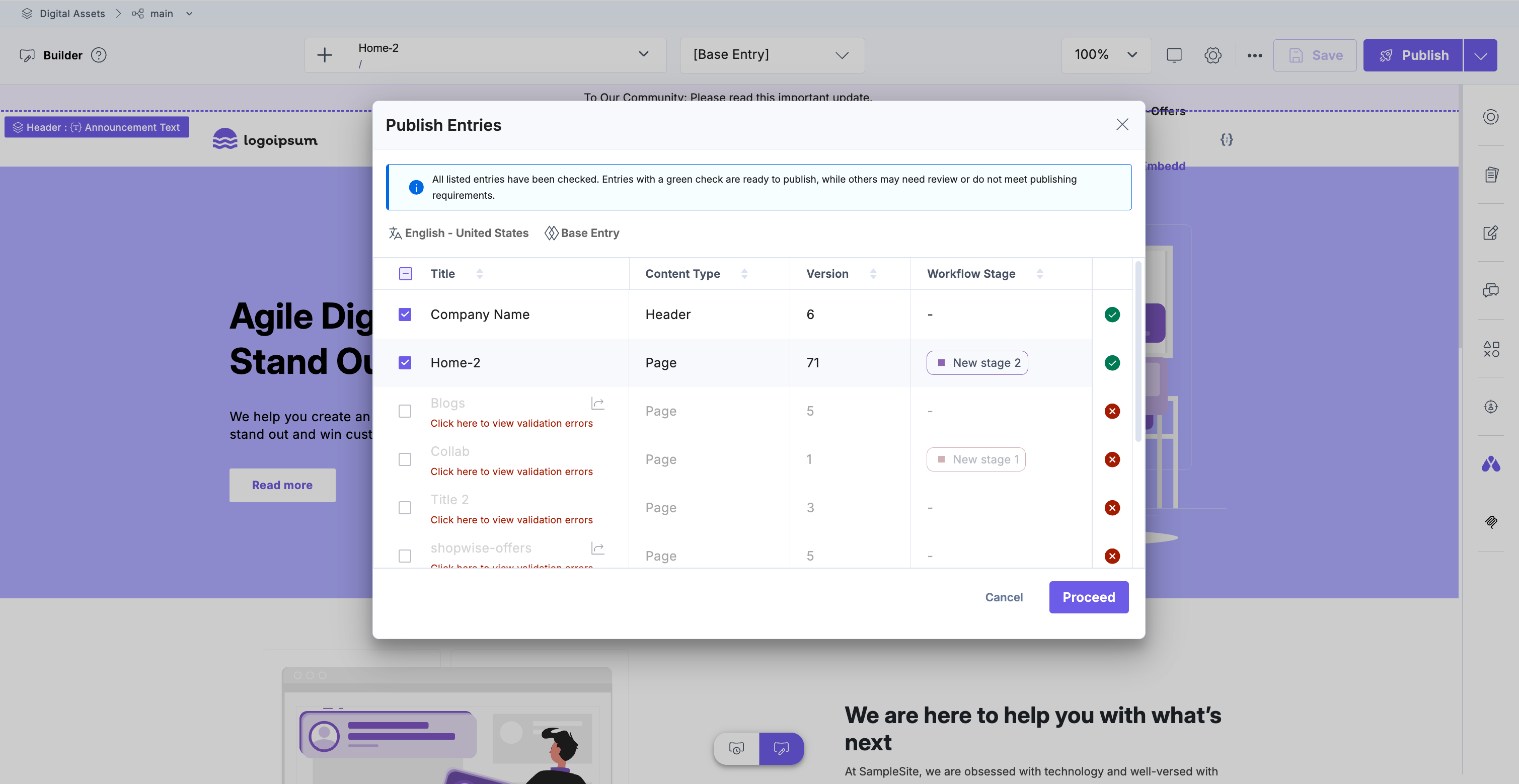 Screenshot showing the Publish Entries modal in Visual Builder