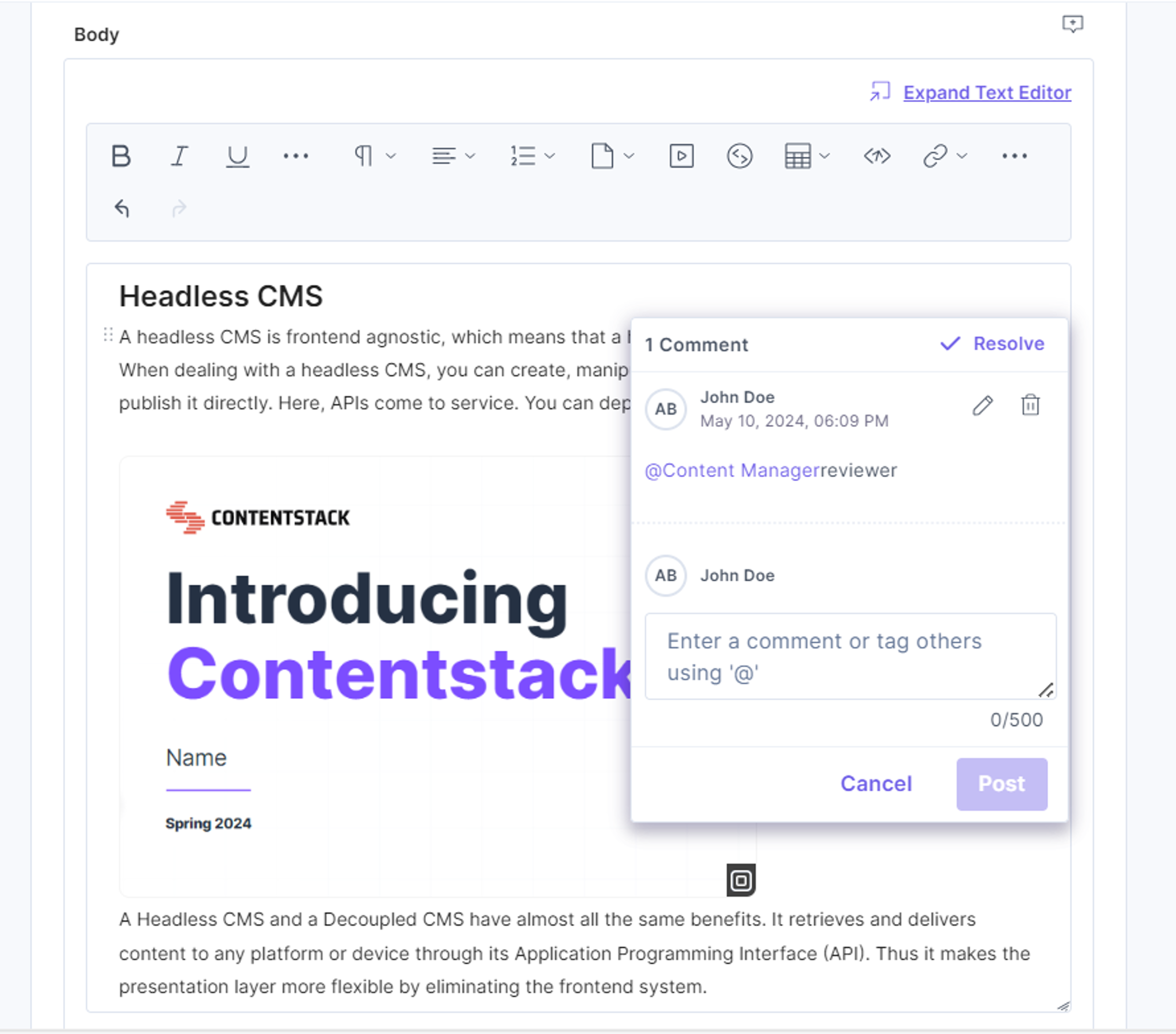 Replying to a comment in Contentstack