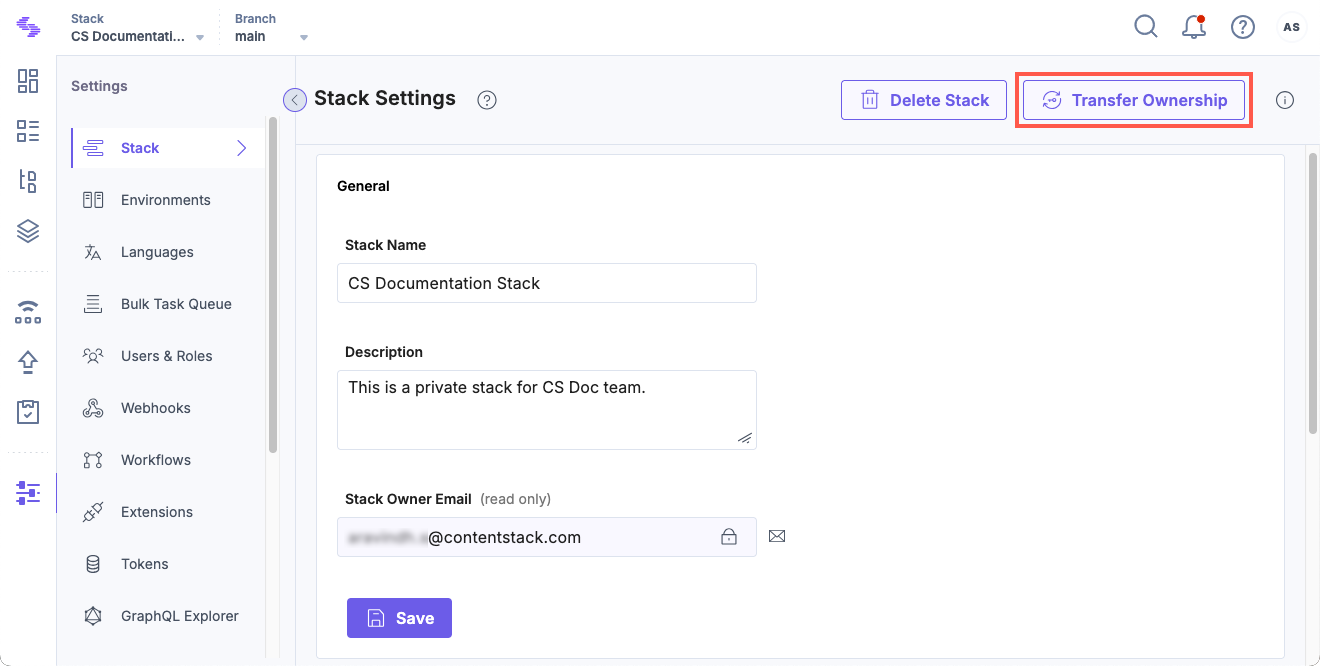 Transfer Ownership option in Contentstack settings