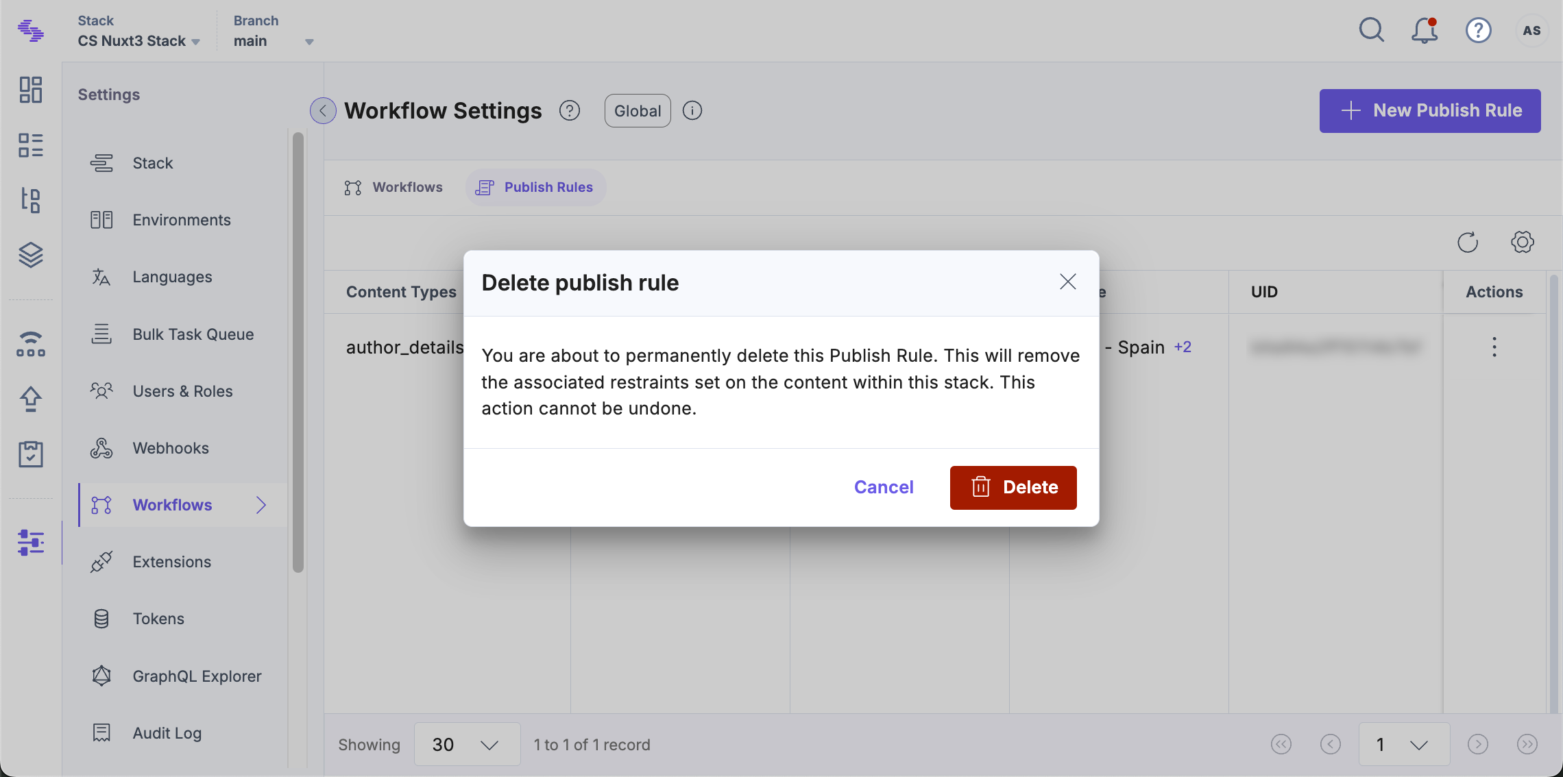 Confirmation modal for deleting a Publish Rule
