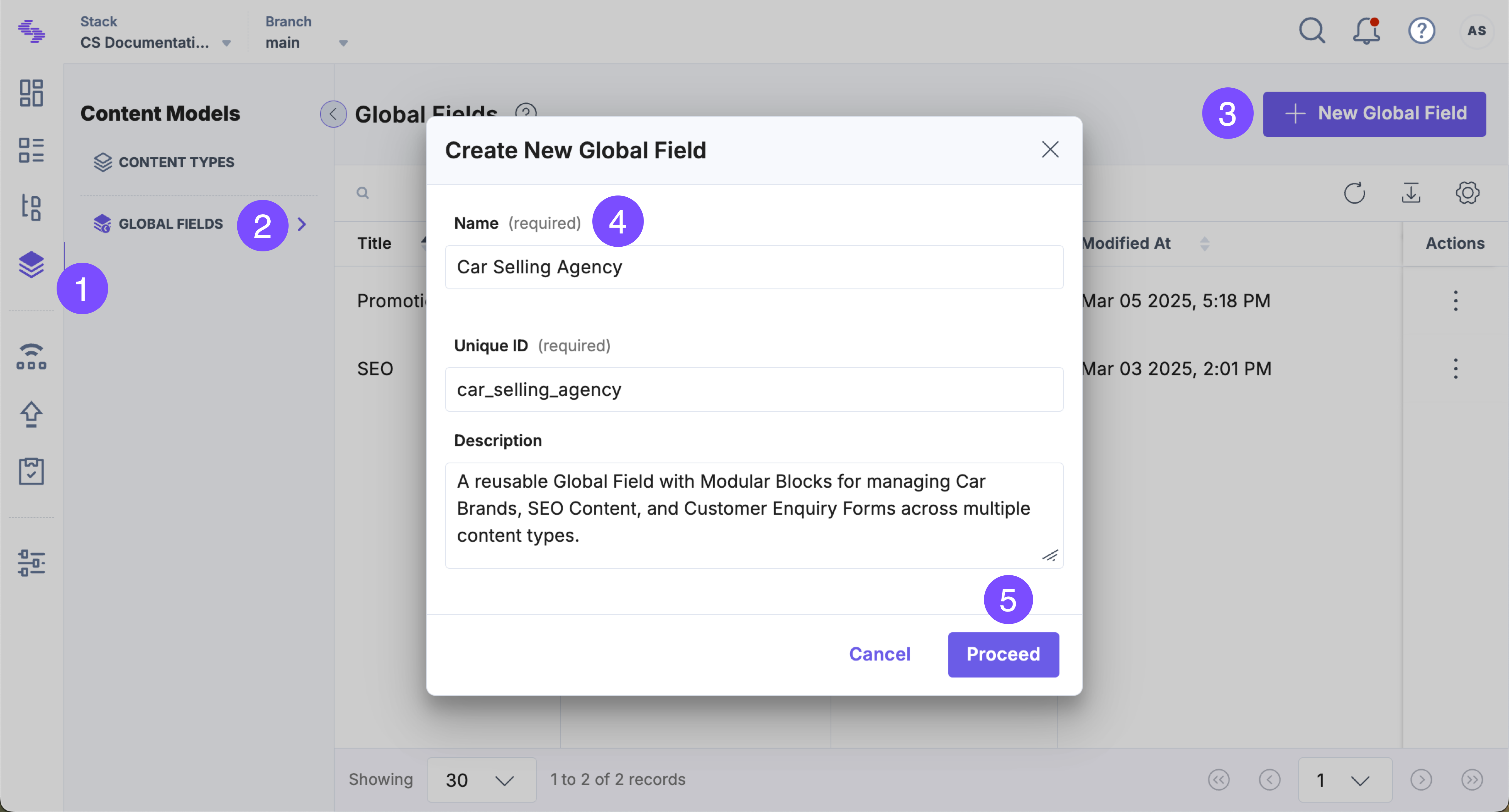 Create Global Field modal