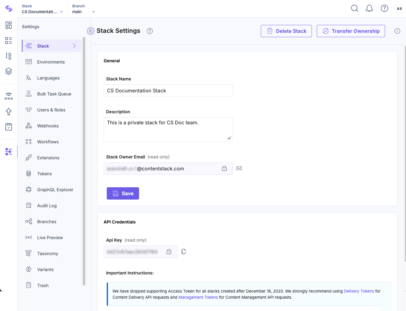 Stack details in Contentstack settings