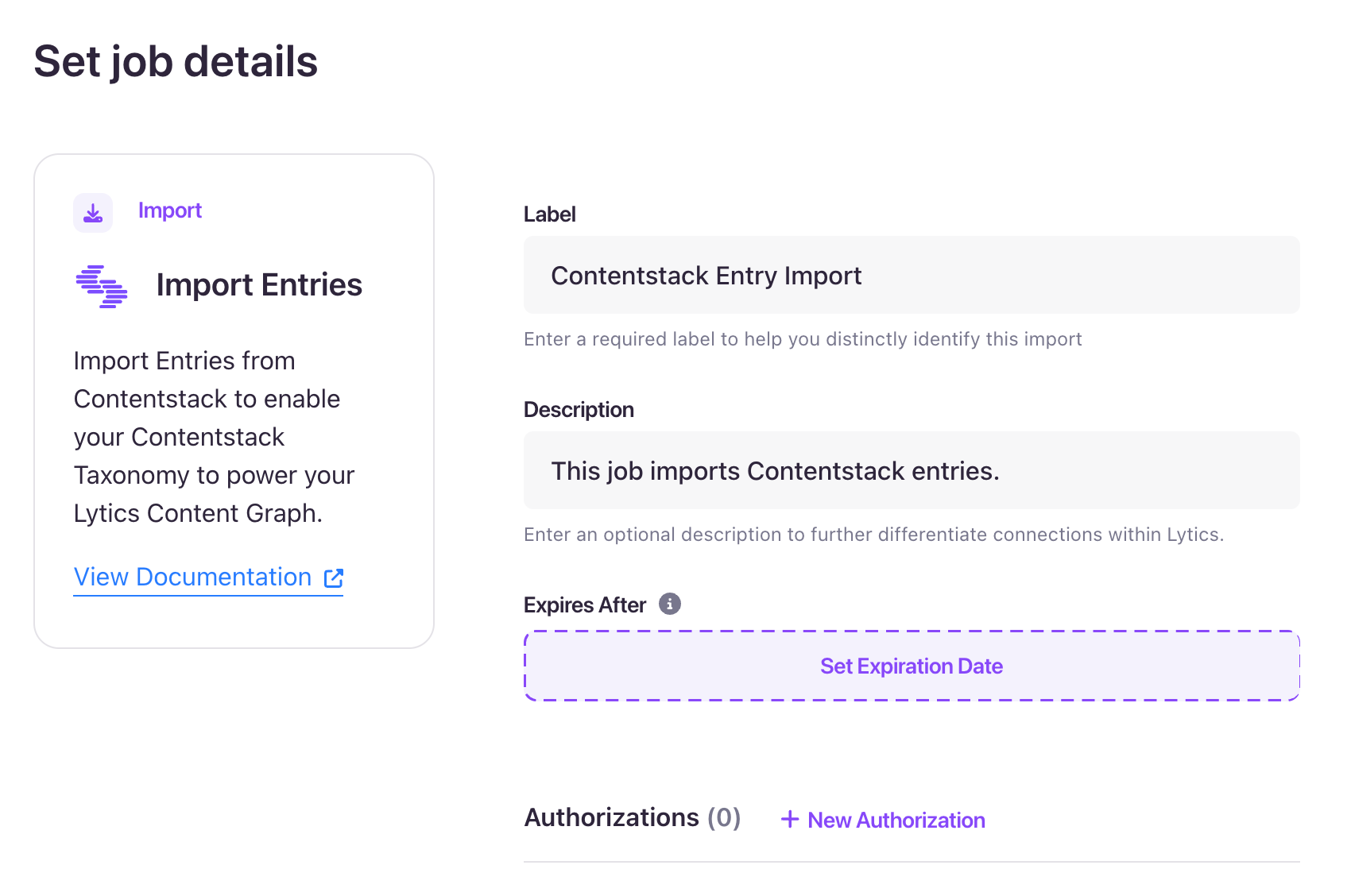 Set job details screen for importing Contentstack entries