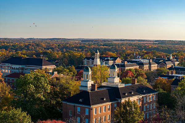 An aerial view of campus over Harrison Hall.