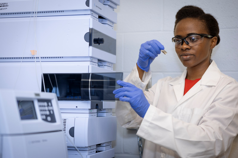 Graduate student working in lab.